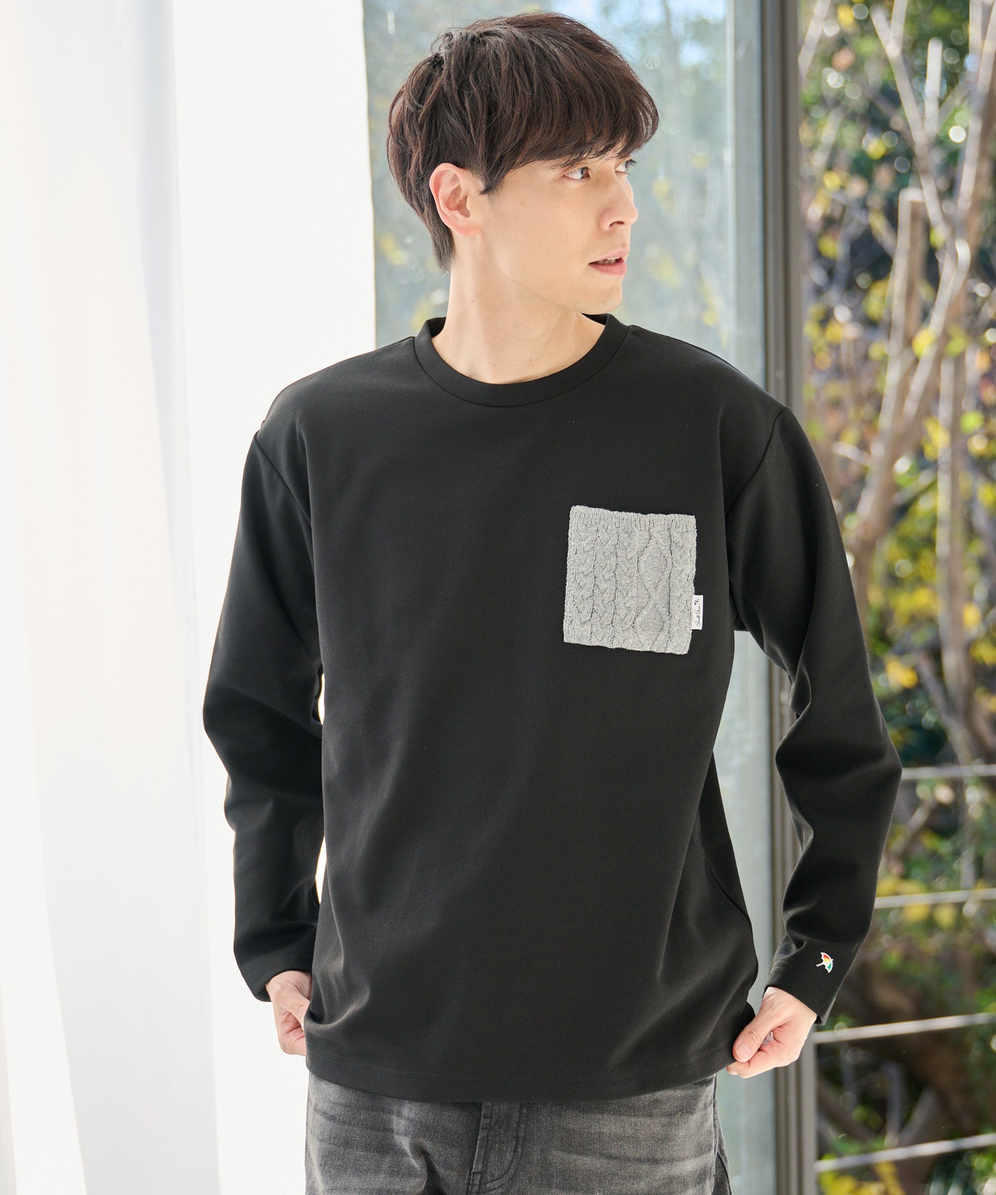 梨地起毛ポケット 異素材 ロングスリーブTシャツ
