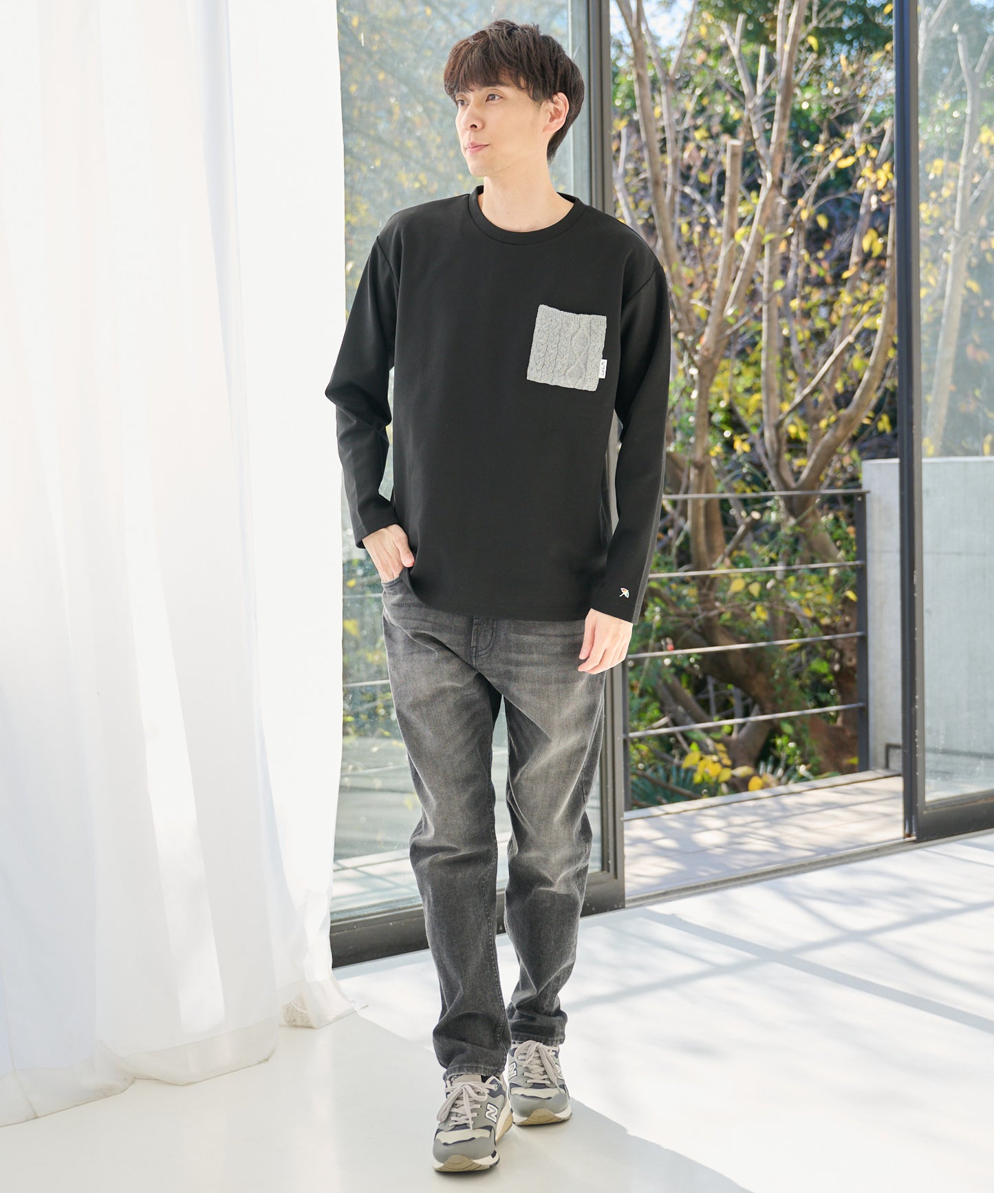 梨地起毛ポケット 異素材 ロングスリーブTシャツ