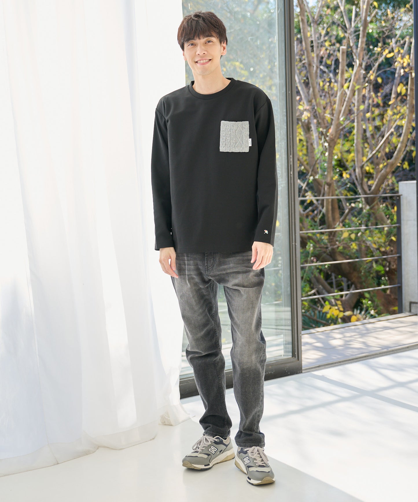 梨地起毛ポケット 異素材 ロングスリーブTシャツ