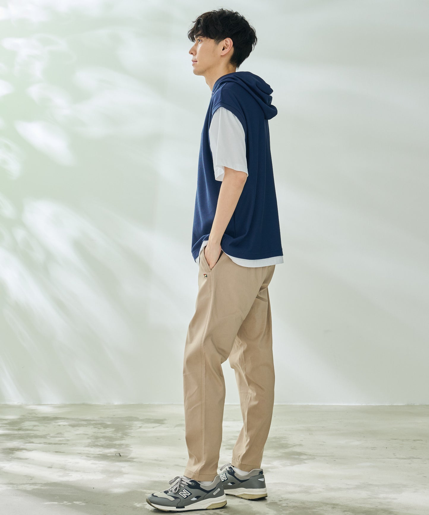 メッシュジャガードフェイクレイヤード半袖フーディ