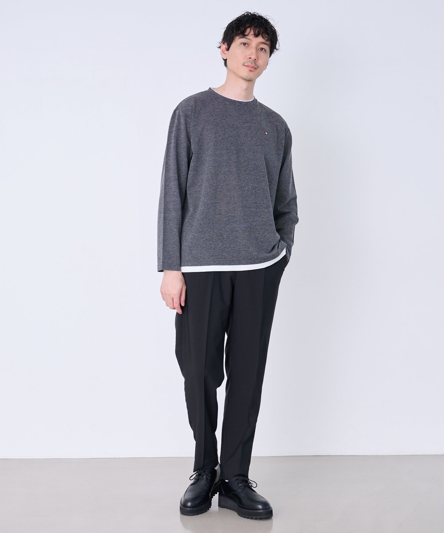 メランジ鹿の子 フェイクレイヤード ロングTシャツ