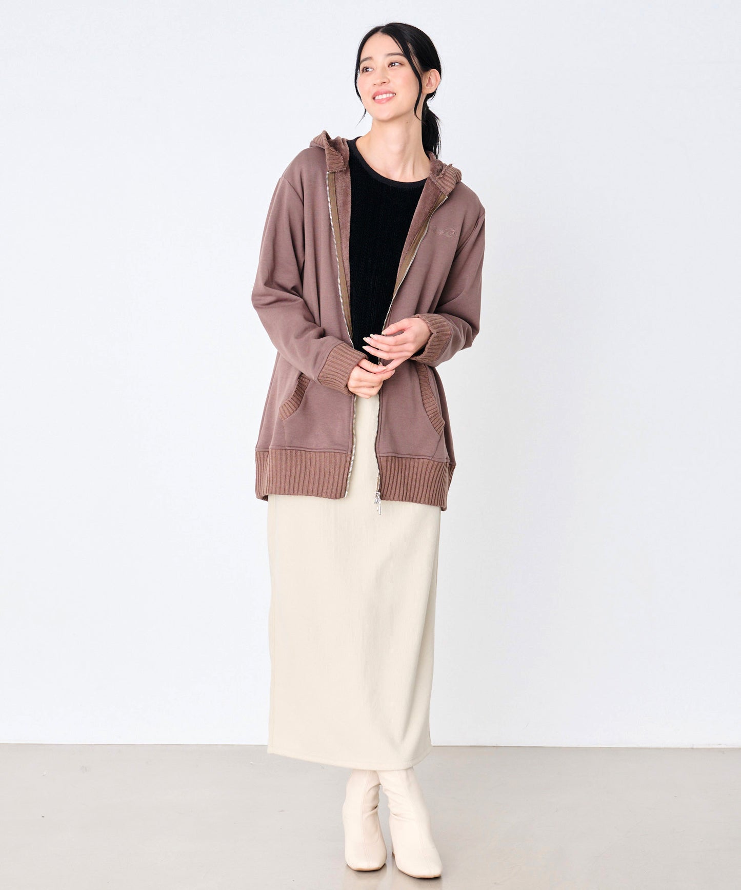 【タイムセール】裏フリース ニットドッキング チュニックパーカー