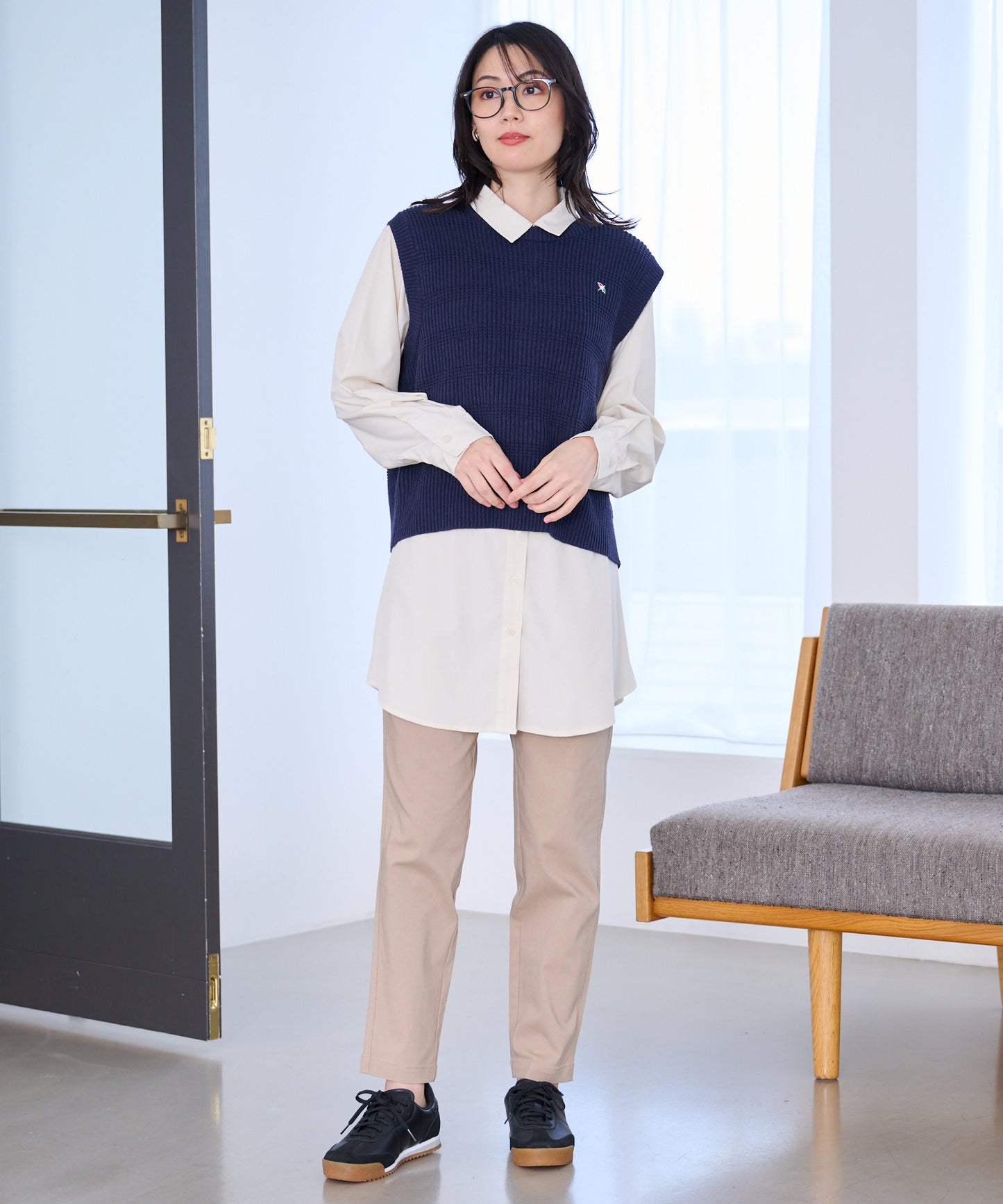 ニットベスト + シャツチュニック レイヤードセット