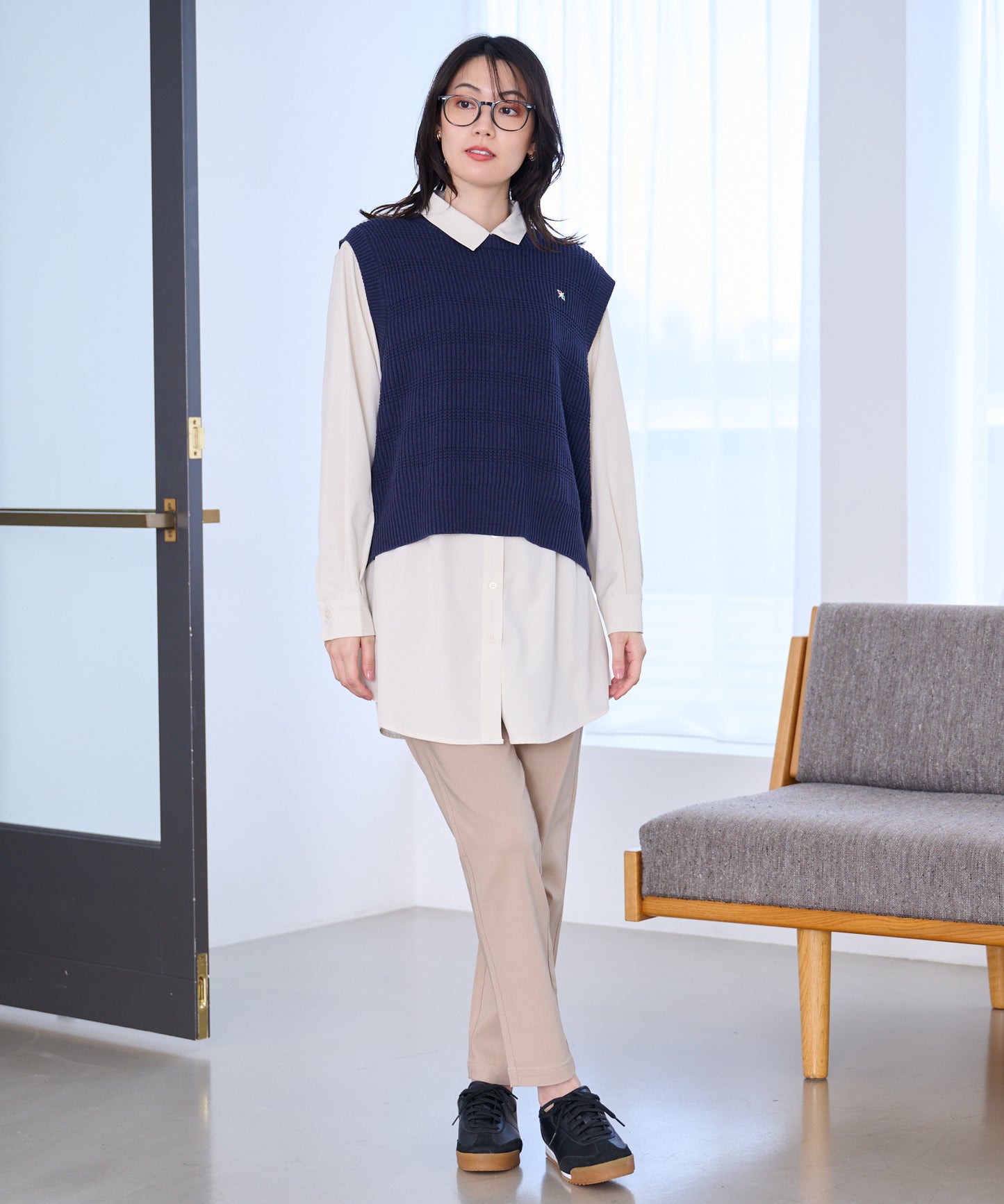 ニットベスト + シャツチュニック レイヤードセット