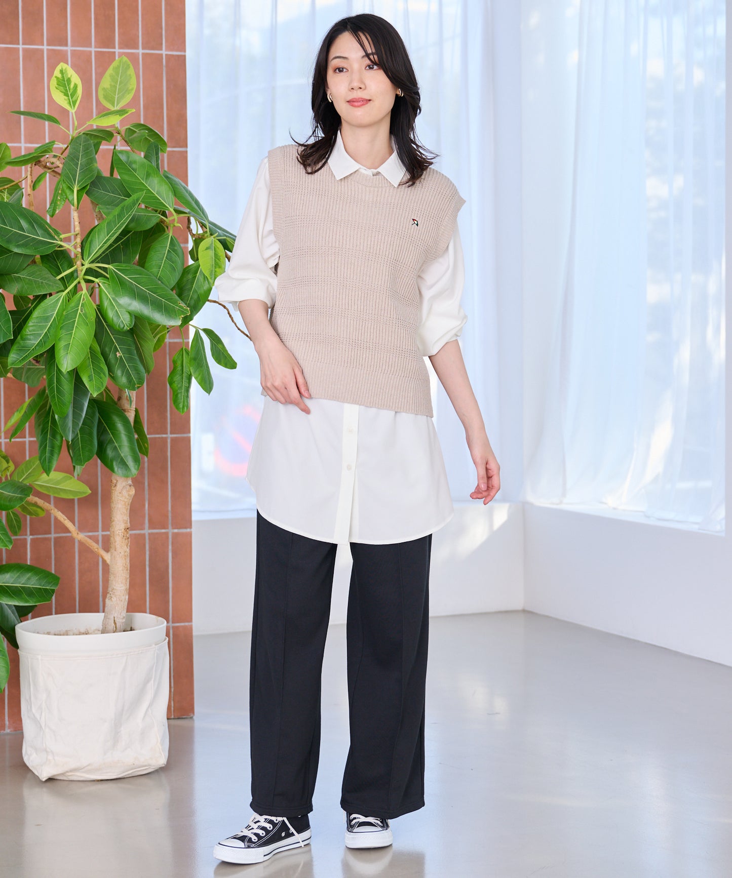 ニットベスト + シャツチュニック レイヤードセット