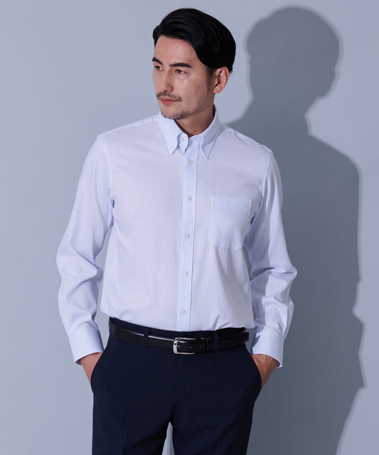 HIROKO KOSHINO  形態安定ブルーストライプスナップボタンシャツ