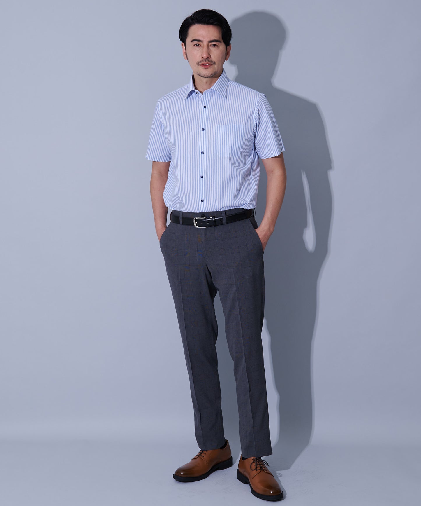 形態安定ブルーロンスト半袖ワイドカラーシャツ