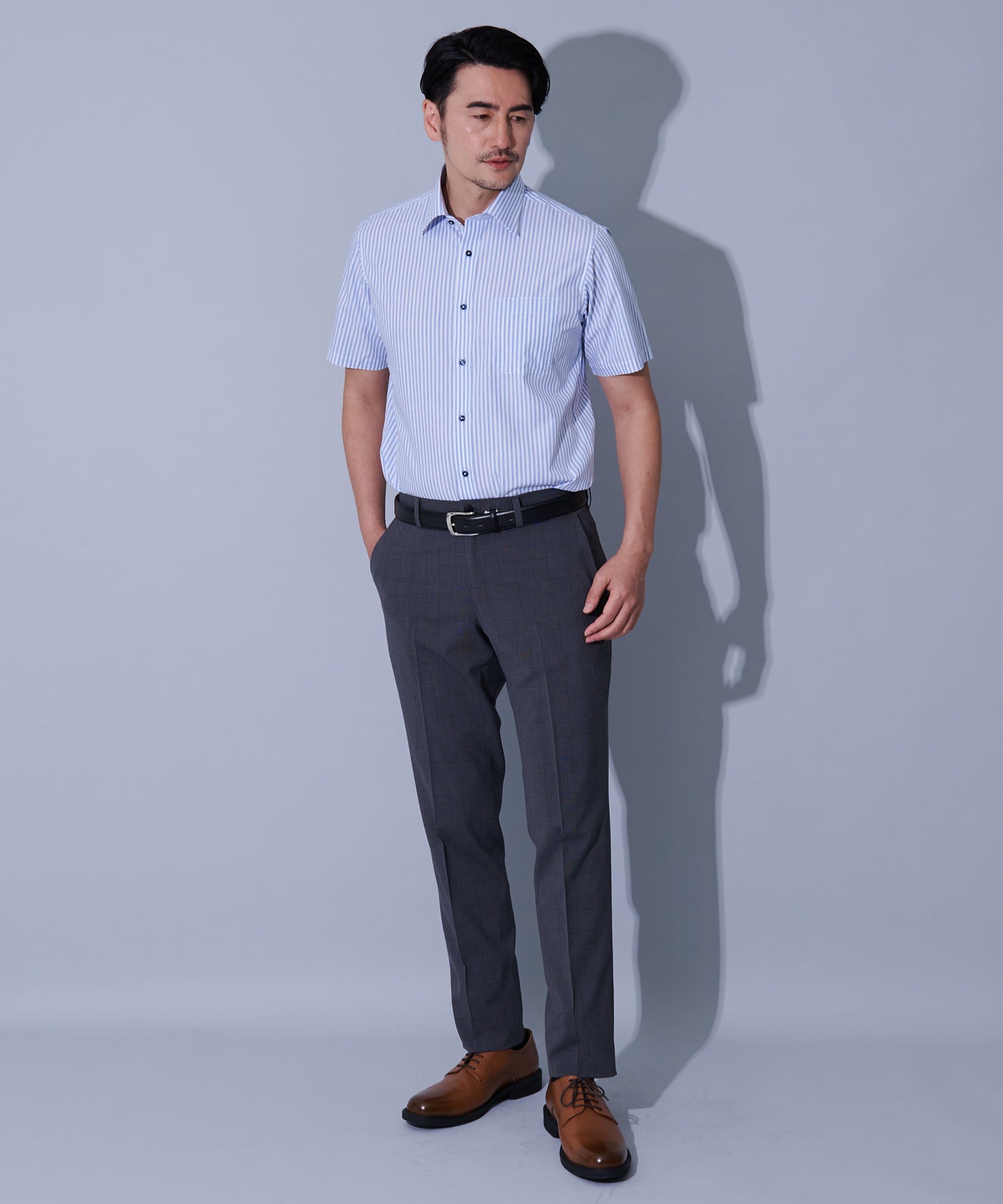 形態安定ブルーロンスト半袖ワイドカラーシャツ