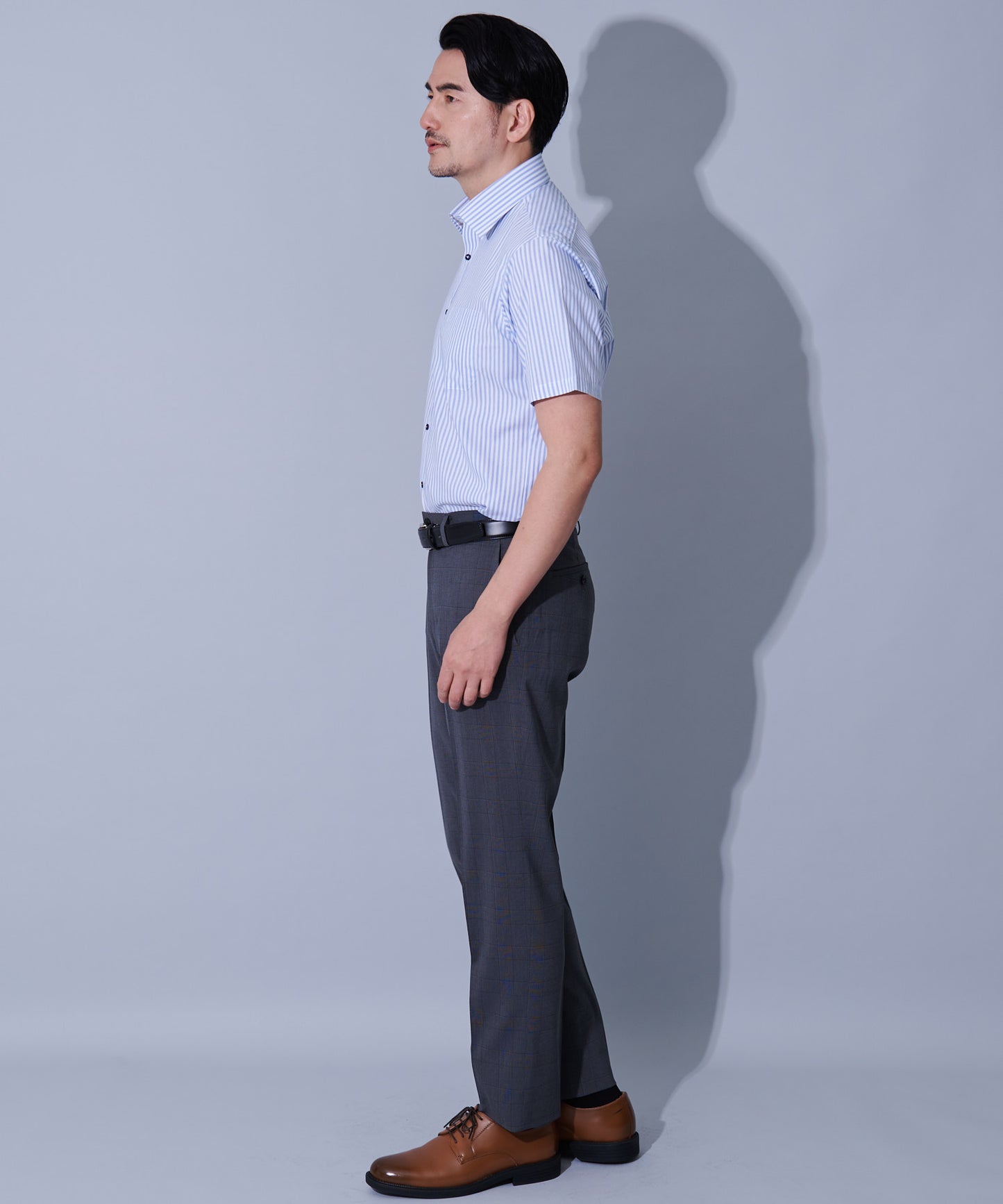 形態安定ブルーロンスト半袖ワイドカラーシャツ