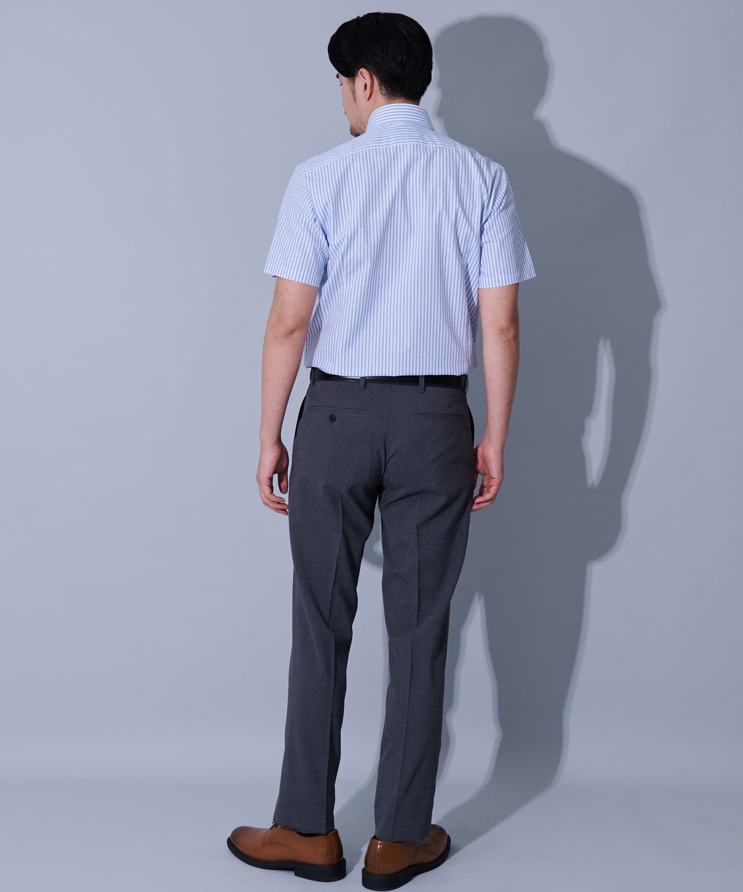 形態安定ブルーロンスト半袖ワイドカラーシャツ