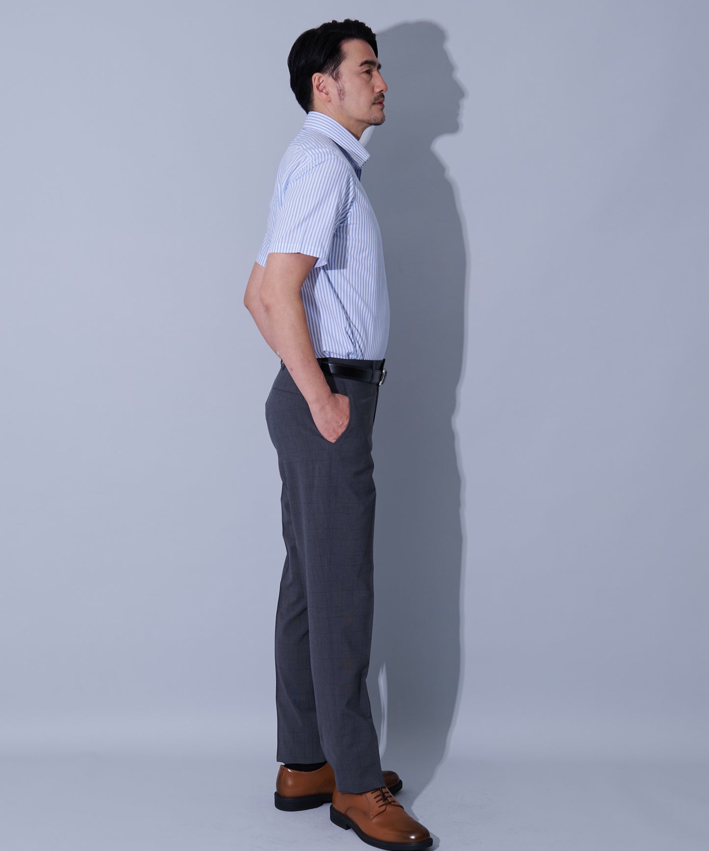 形態安定ブルーロンスト半袖ワイドカラーシャツ