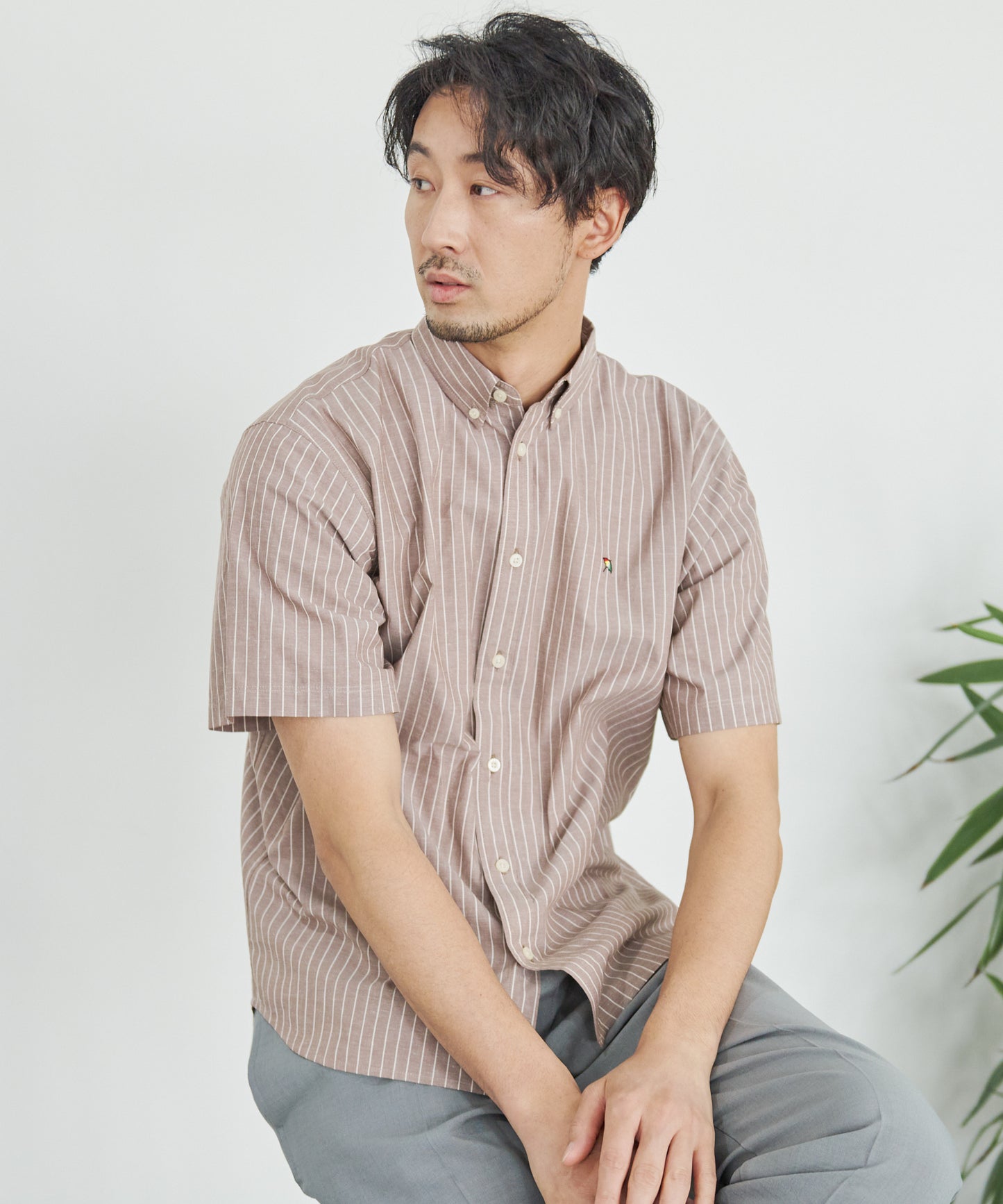 リネンミックス ストライプ リラックス シェア半袖シャツ