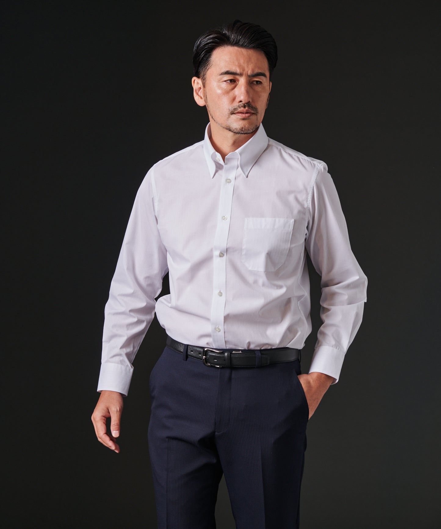 TC形態安定ドビーストライプスナップボタンシャツ