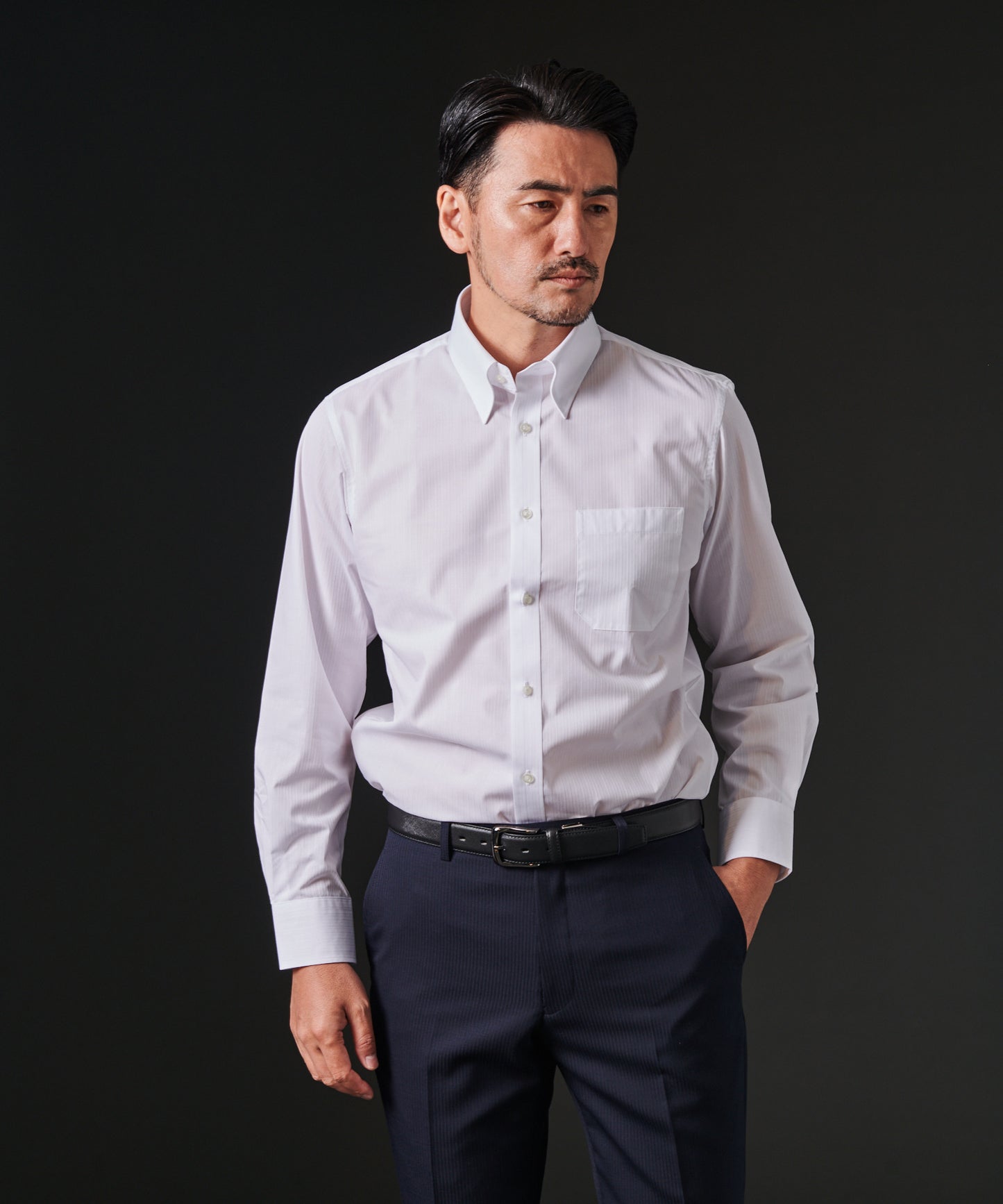 TC形態安定ドビーストライプスナップボタンシャツ