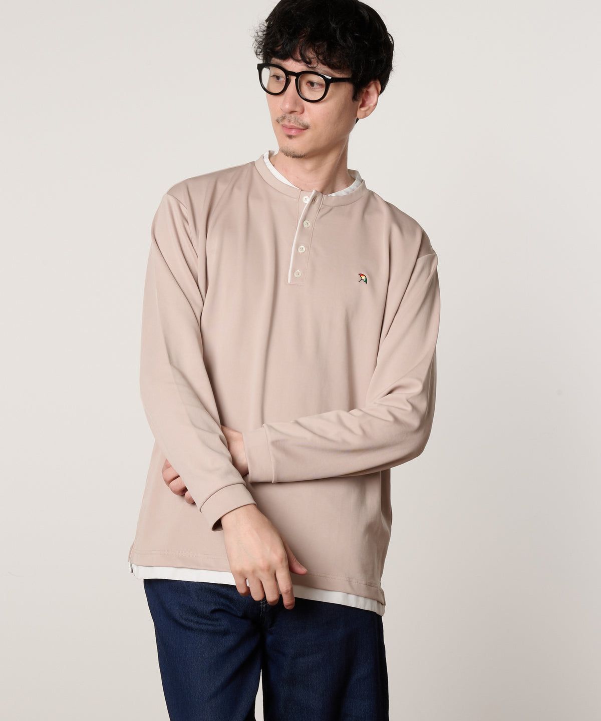 ヘンリーネック　フェイクレイヤードロングTシャツ