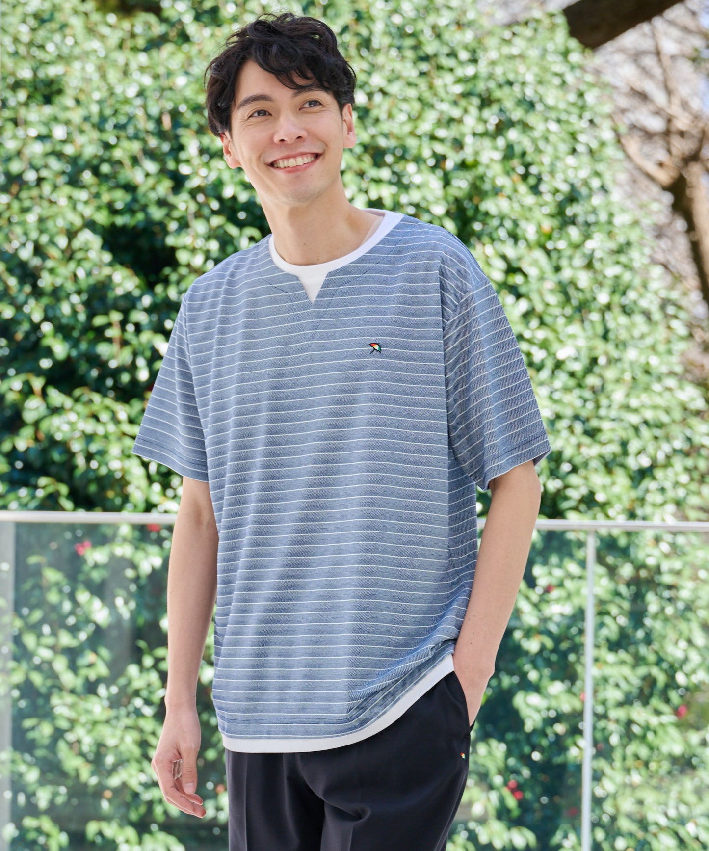 【期間限定 セール】 地柄ボーダー フェイクレイヤードTシャツ