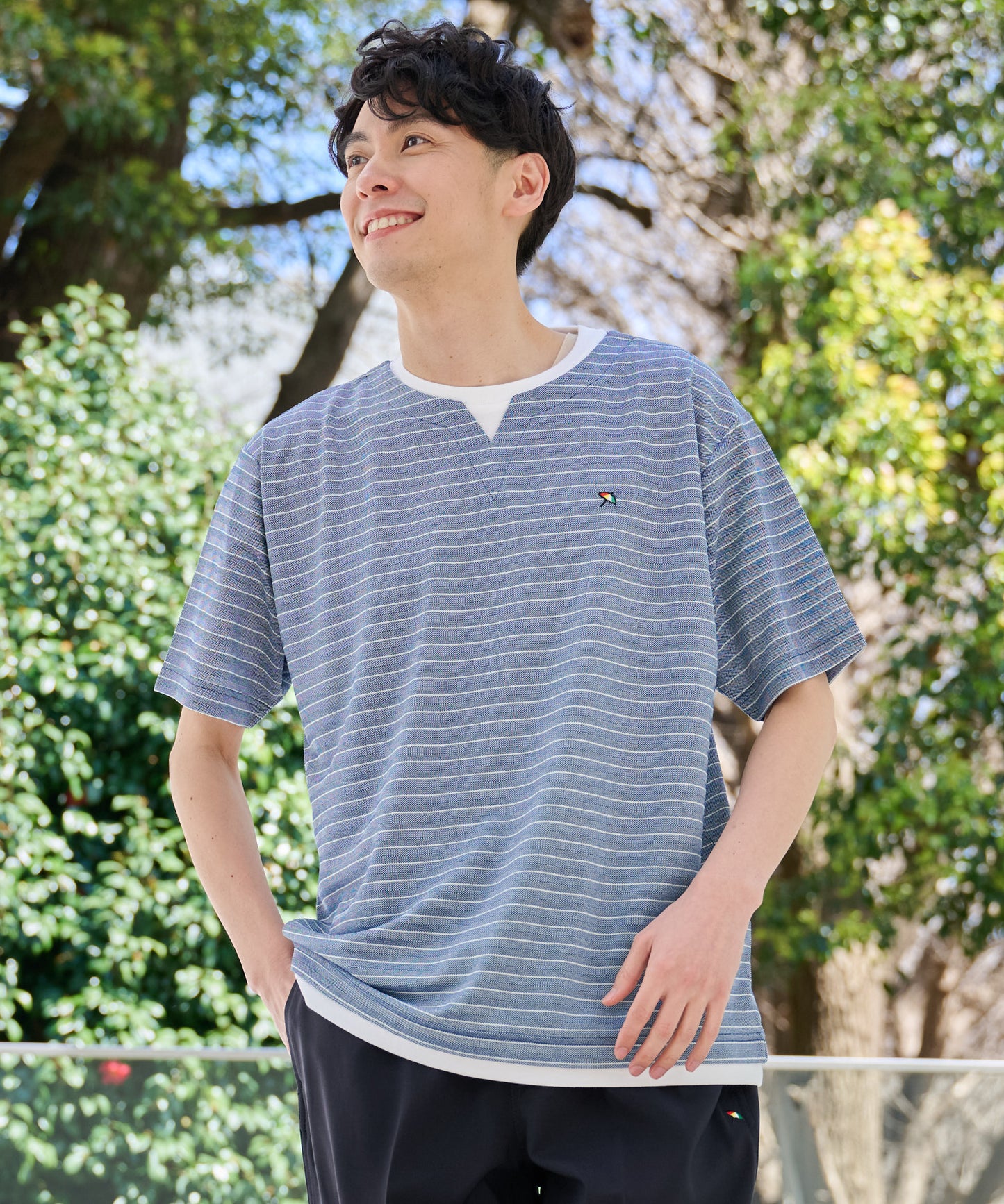 【期間限定 セール】 地柄ボーダー フェイクレイヤードTシャツ