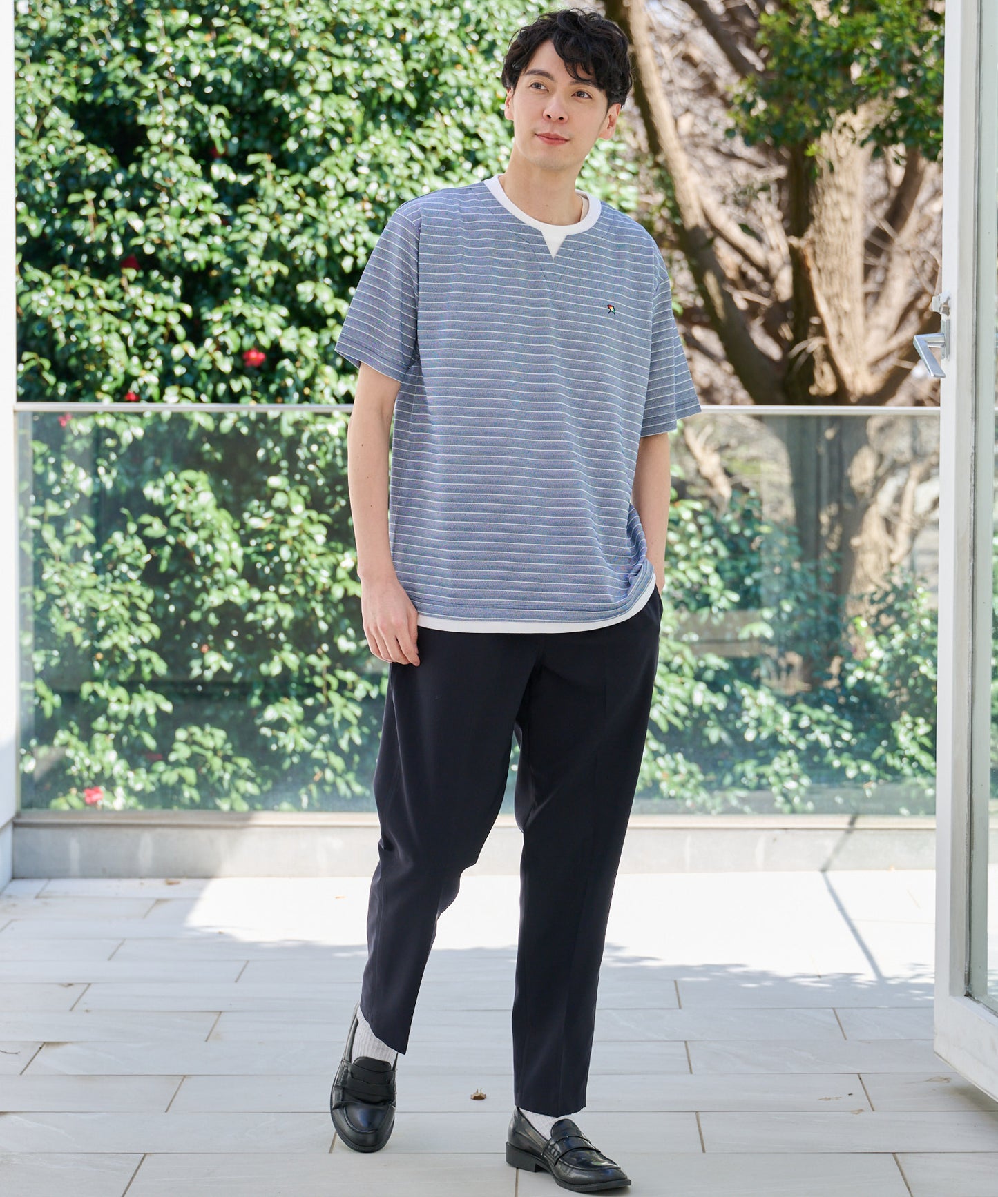 【期間限定 セール】 地柄ボーダー フェイクレイヤードTシャツ