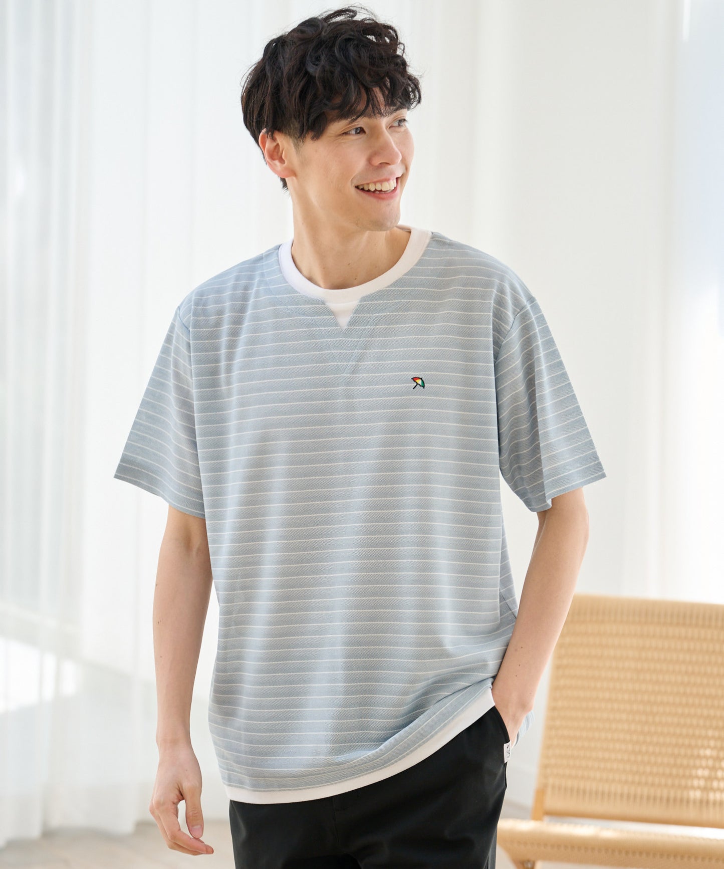 【期間限定 セール】 地柄ボーダー フェイクレイヤードTシャツ