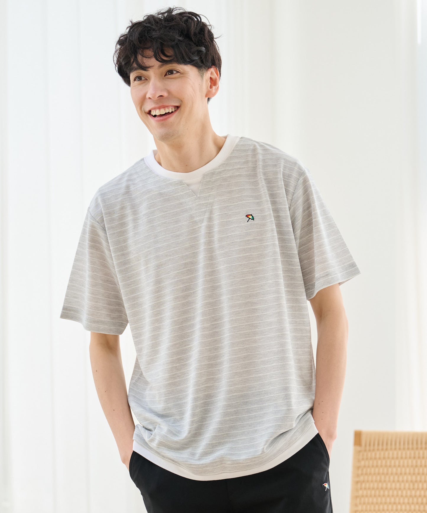 【期間限定 セール】 地柄ボーダー フェイクレイヤードTシャツ