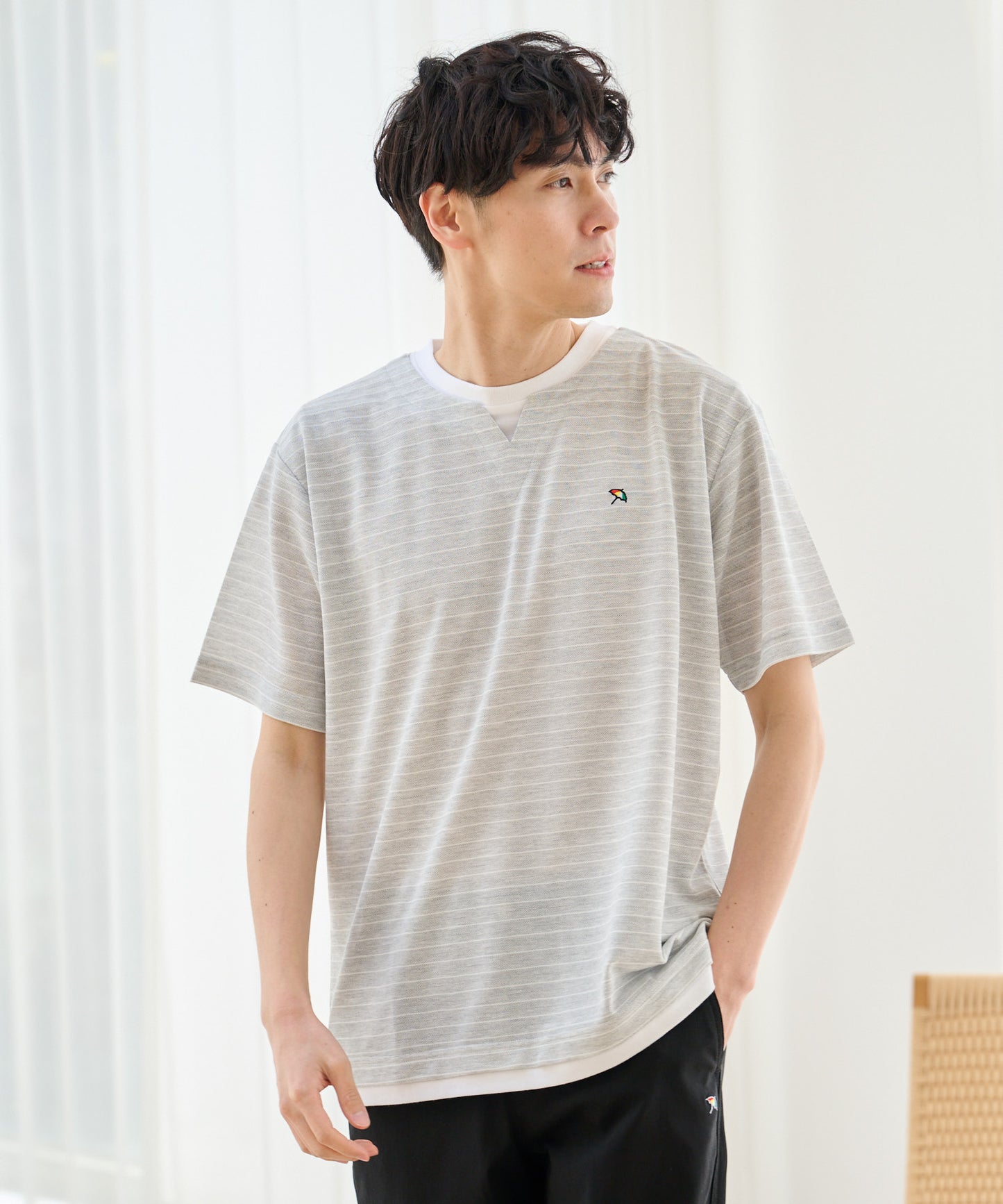 【期間限定 セール】 地柄ボーダー フェイクレイヤードTシャツ