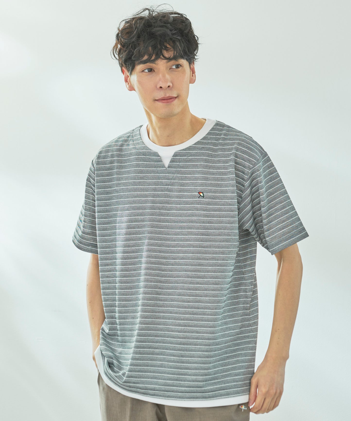 【期間限定 セール】 地柄ボーダー フェイクレイヤードTシャツ
