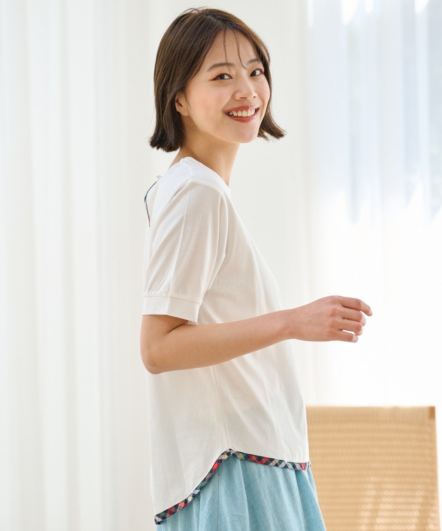 さらラクカットソー パーマーヘムパイピングTシャツ
