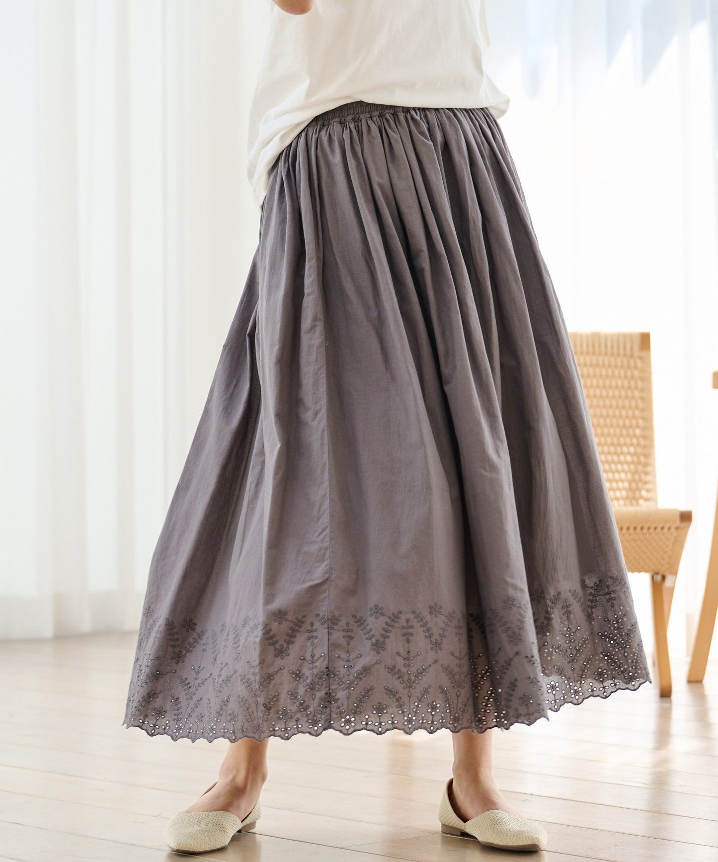 インド綿 裾スカラップ刺繍スカート