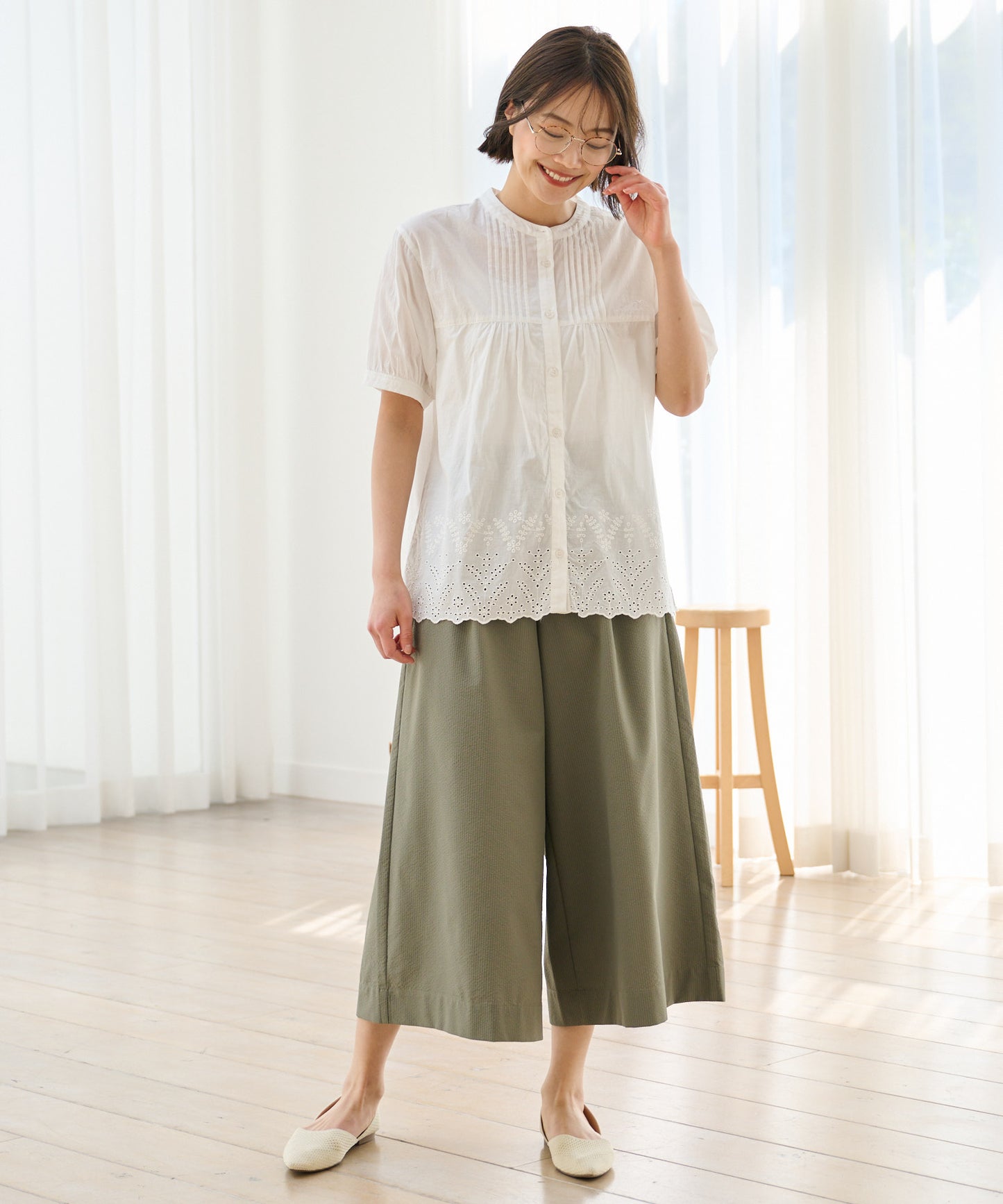 インド綿 裾スカラップ刺繍ブラウス