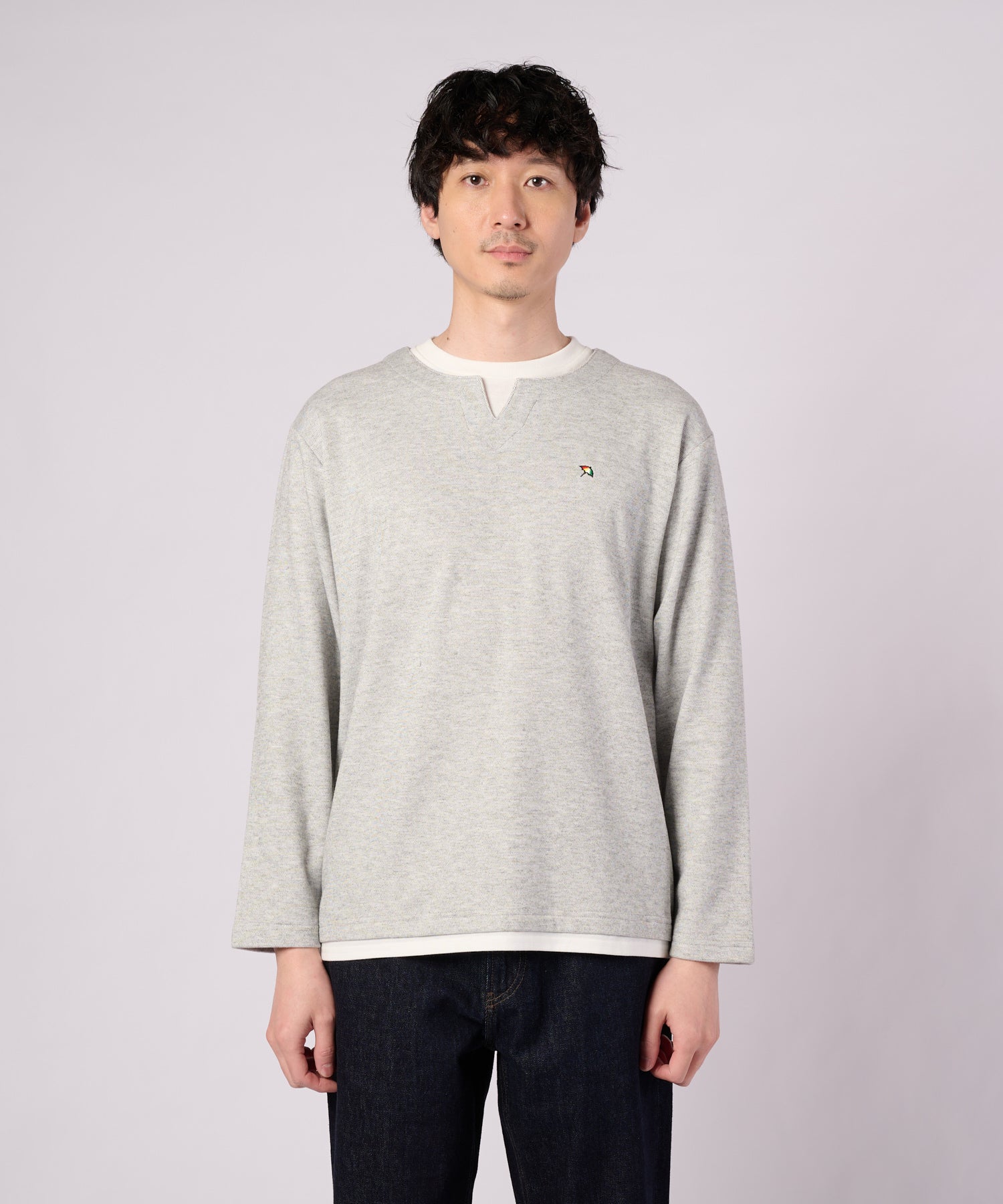 m.a+ グレー 長袖カットソー ウール混 メランジスムース フェイクレイヤード キーネックプルオーバー（T