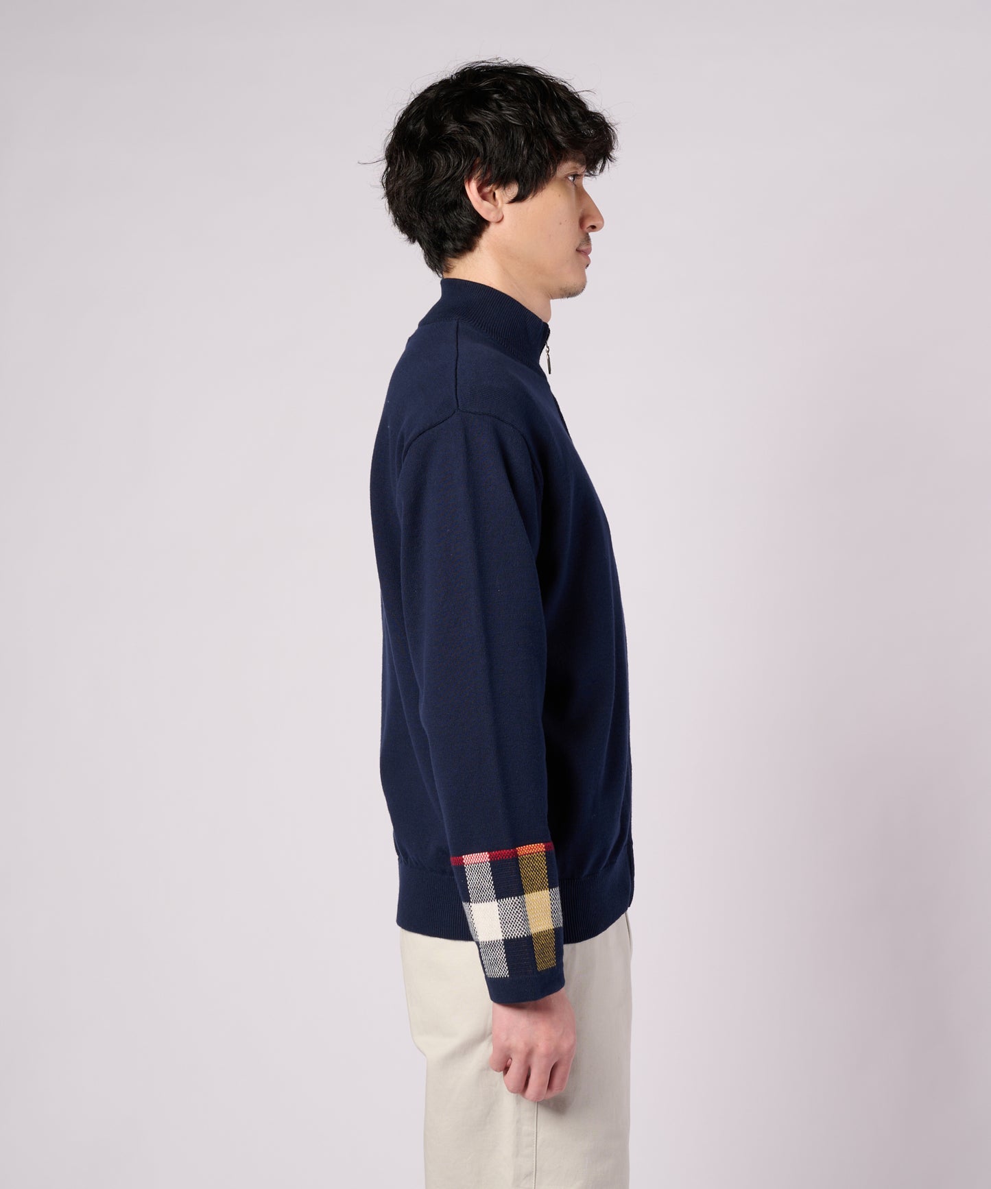 【ポイントUP対象】パーマーチェックカフ ニット スタンドフルジップ