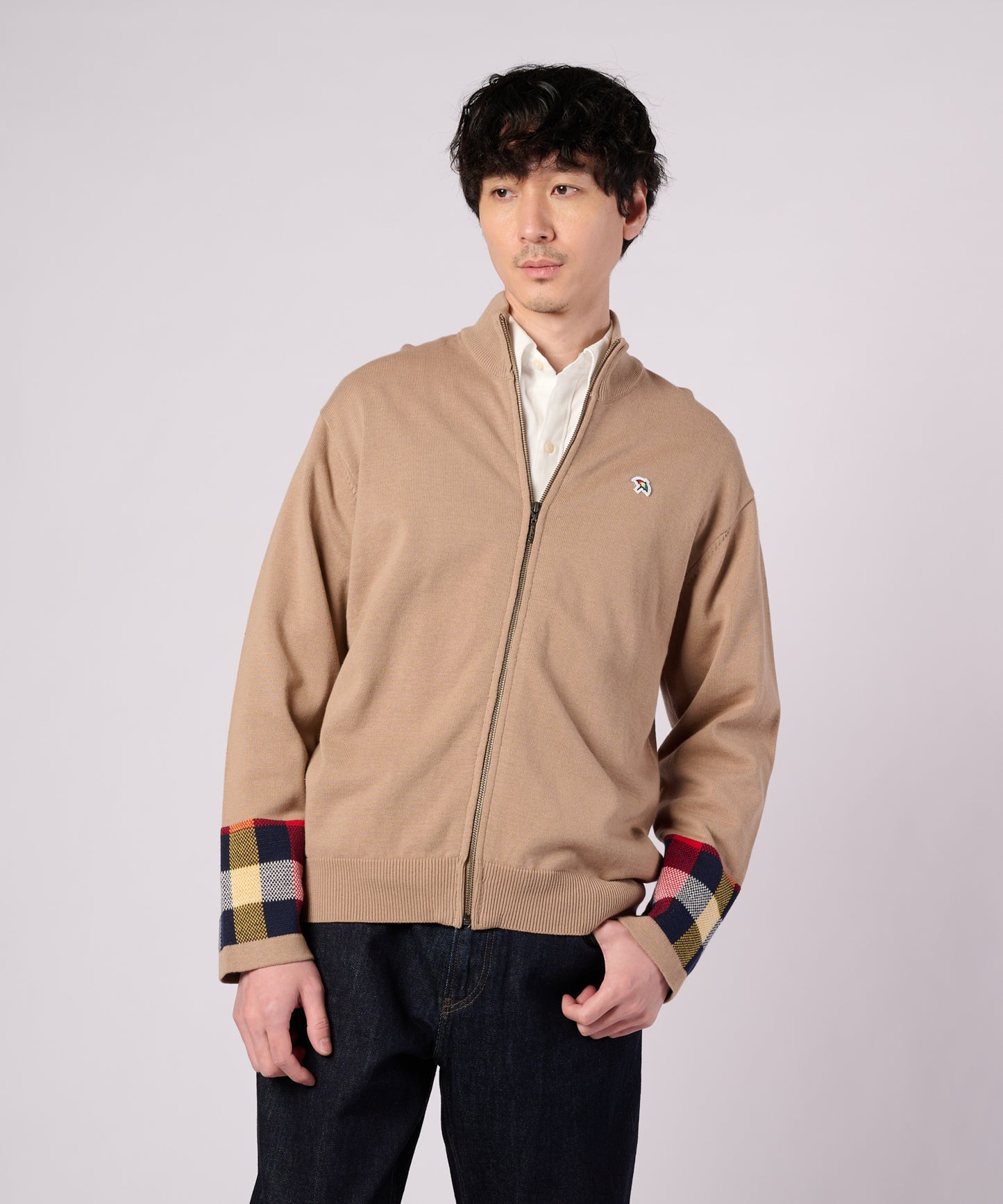 【ポイントUP対象】パーマーチェックカフ ニット スタンドフルジップ