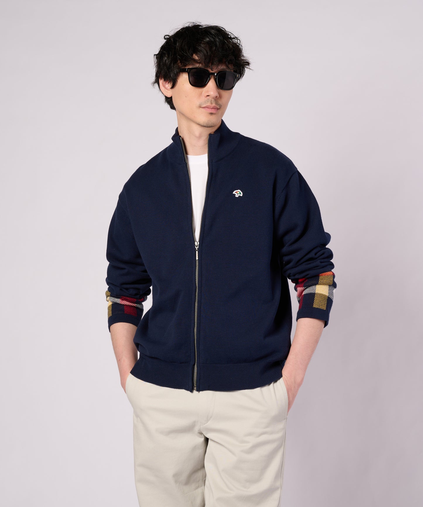 【ポイントUP対象】パーマーチェックカフ ニット スタンドフルジップ