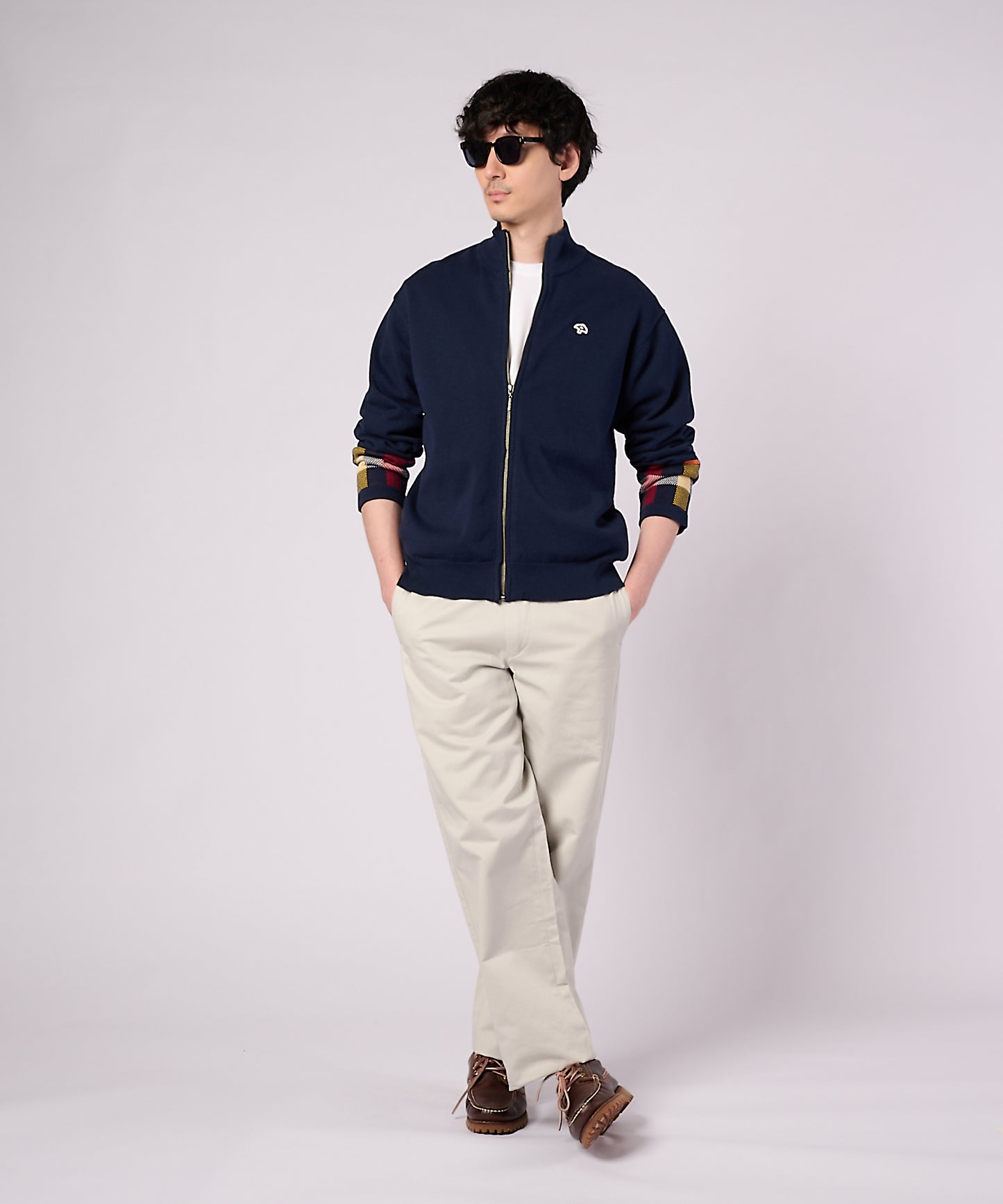 【ポイントUP対象】パーマーチェックカフ ニット スタンドフルジップ