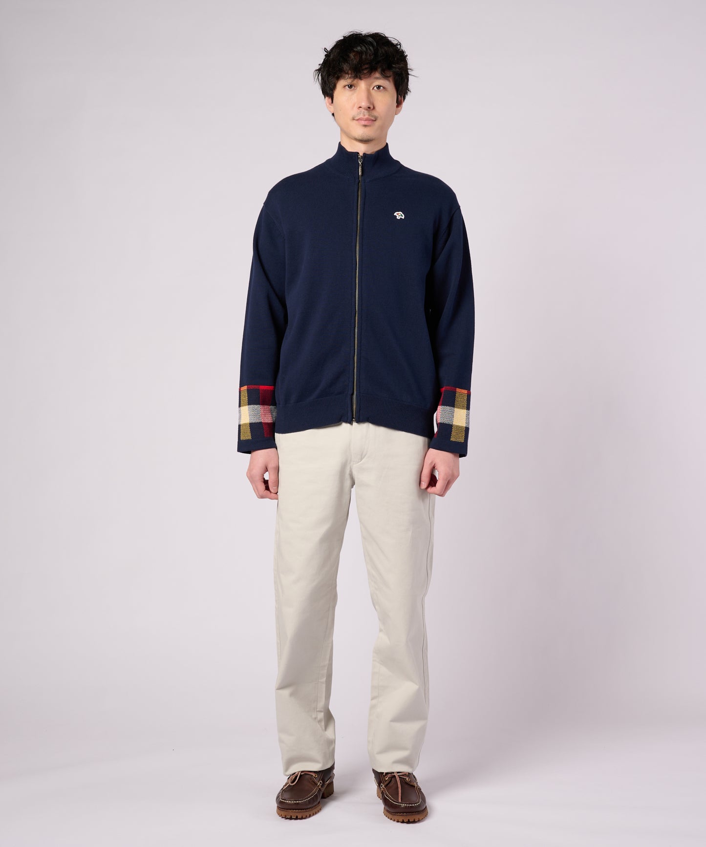 【ポイントUP対象】パーマーチェックカフ ニット スタンドフルジップ