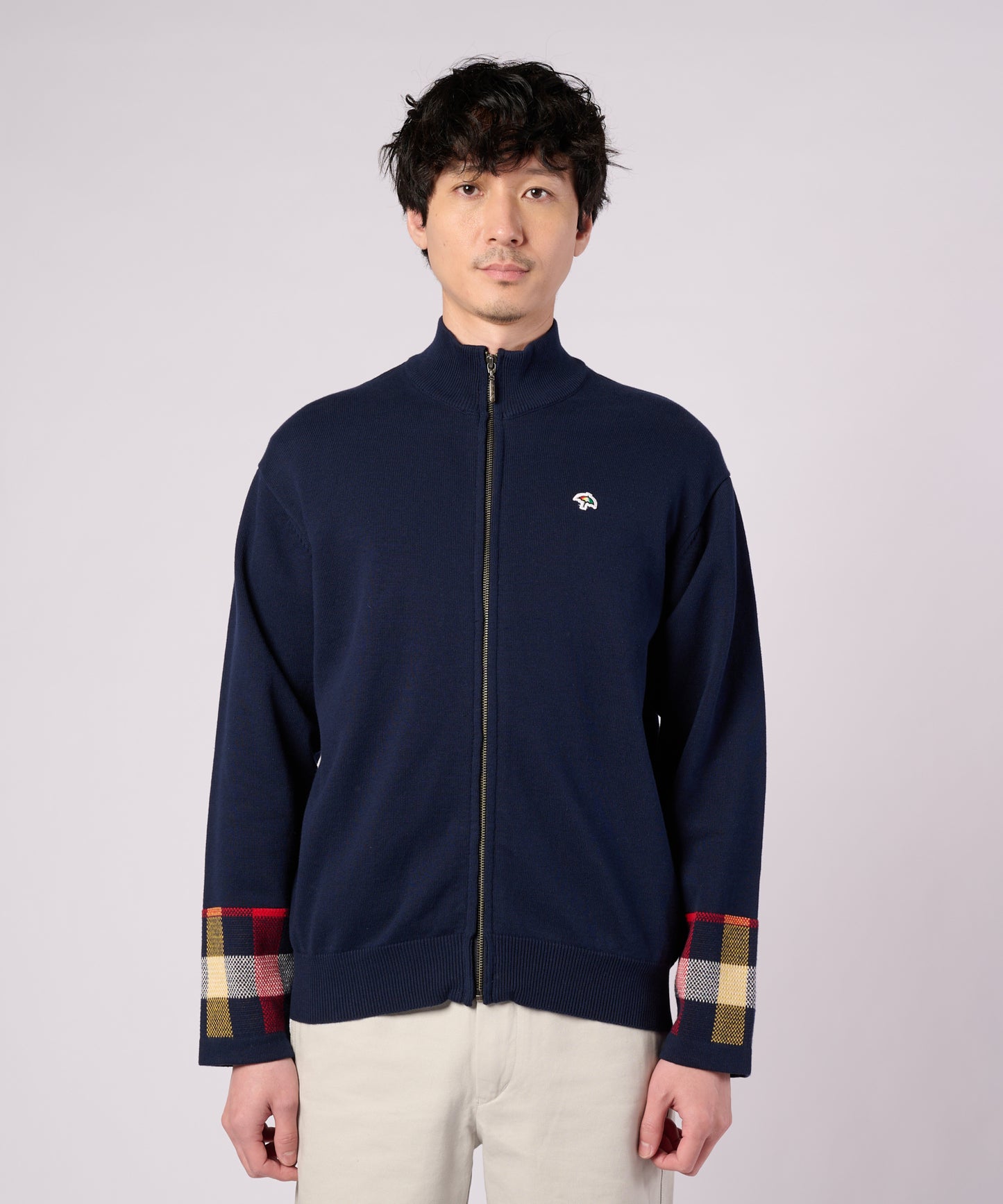 【ポイントUP対象】パーマーチェックカフ ニット スタンドフルジップ