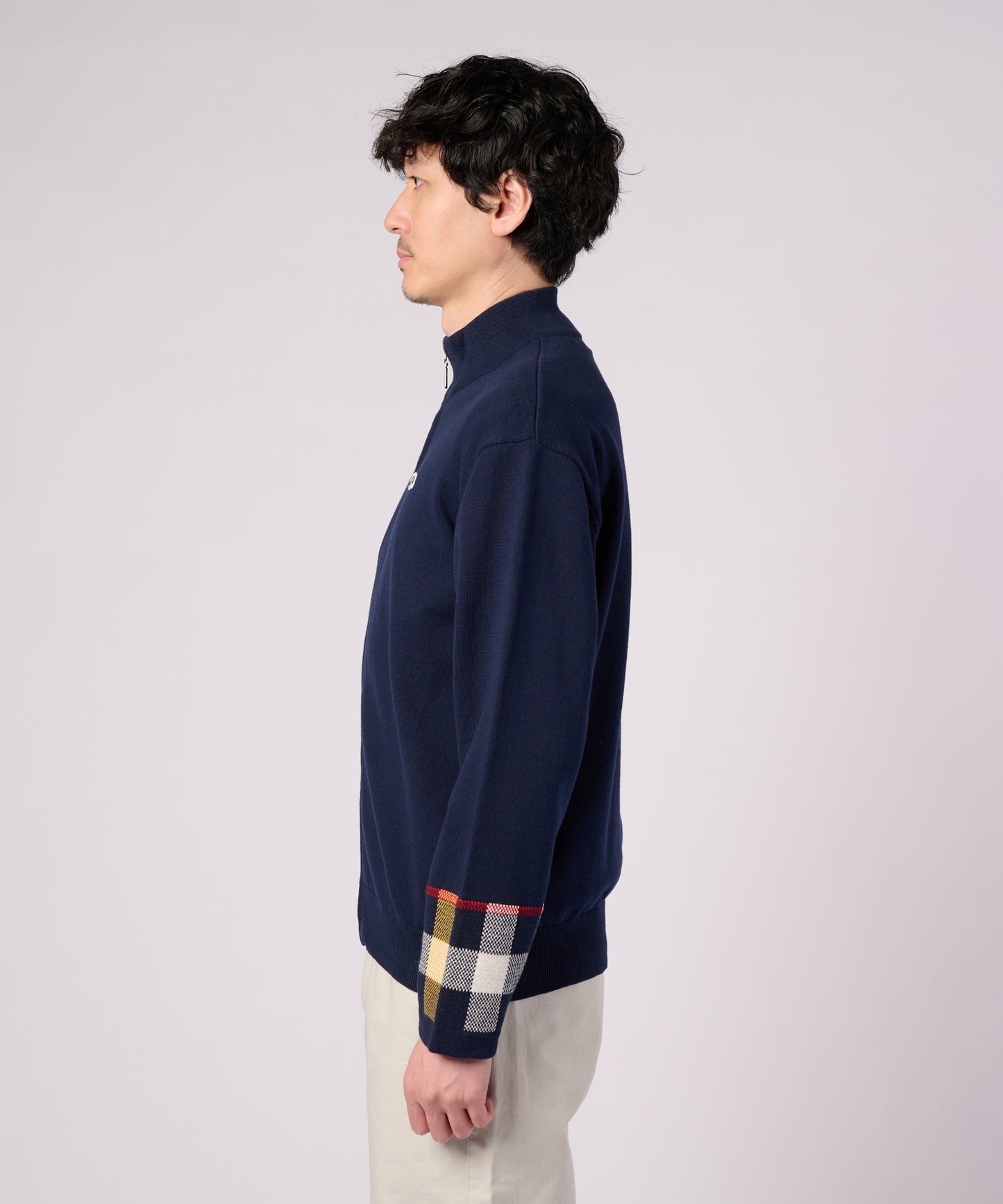 【ポイントUP対象】パーマーチェックカフ ニット スタンドフルジップ