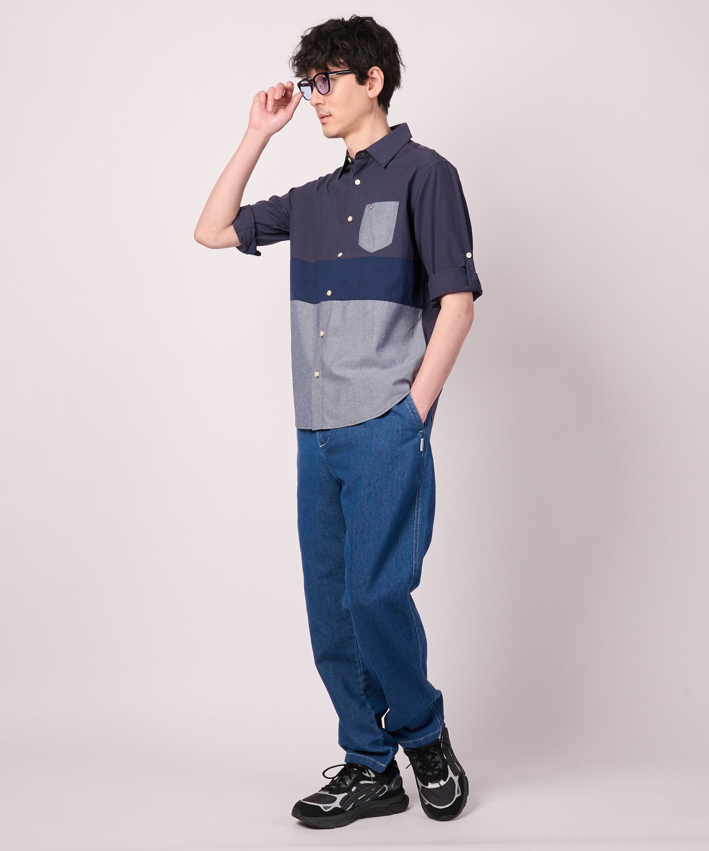 パネル切替 ロールアップ 7分袖 シャツ