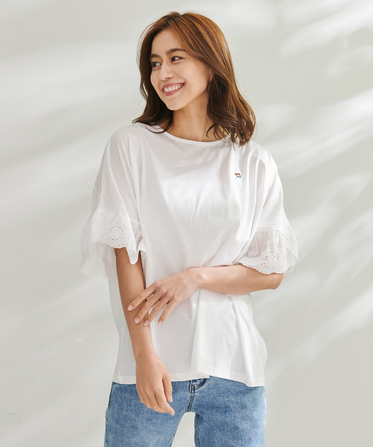 【残り3点】袖レース シルケット天竺Tシャツ