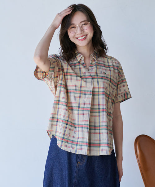 【残り3点】リングチェック 半袖スキッパーシャツ