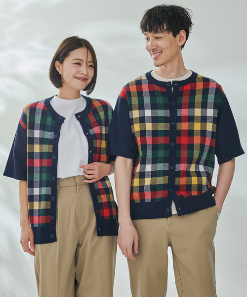 アーノルド パーマー(Arnold Palmer)【残り3点】パーマーチェックジャガード シェア 半袖ニットカーディガン