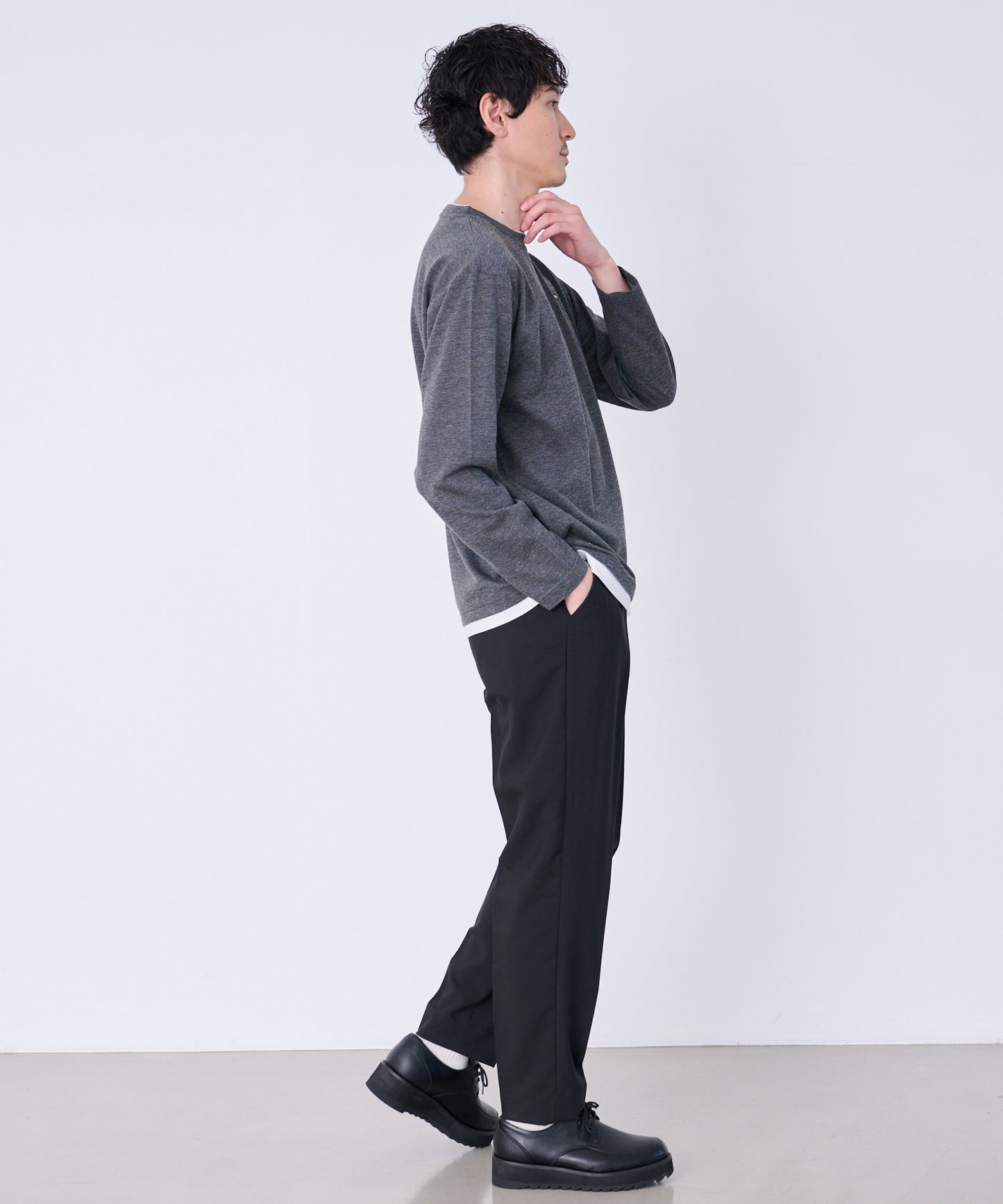 メランジ鹿の子 フェイクレイヤード ロングTシャツ