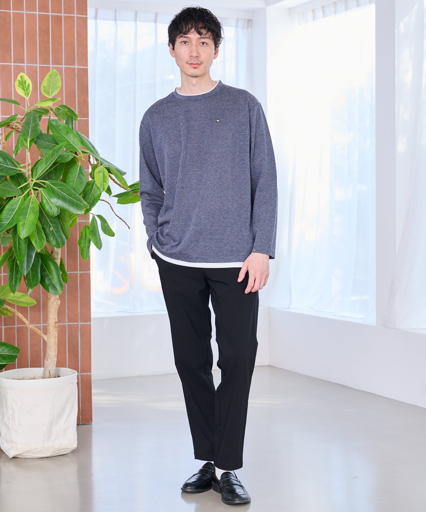 メランジ鹿の子 フェイクレイヤード ロングTシャツ