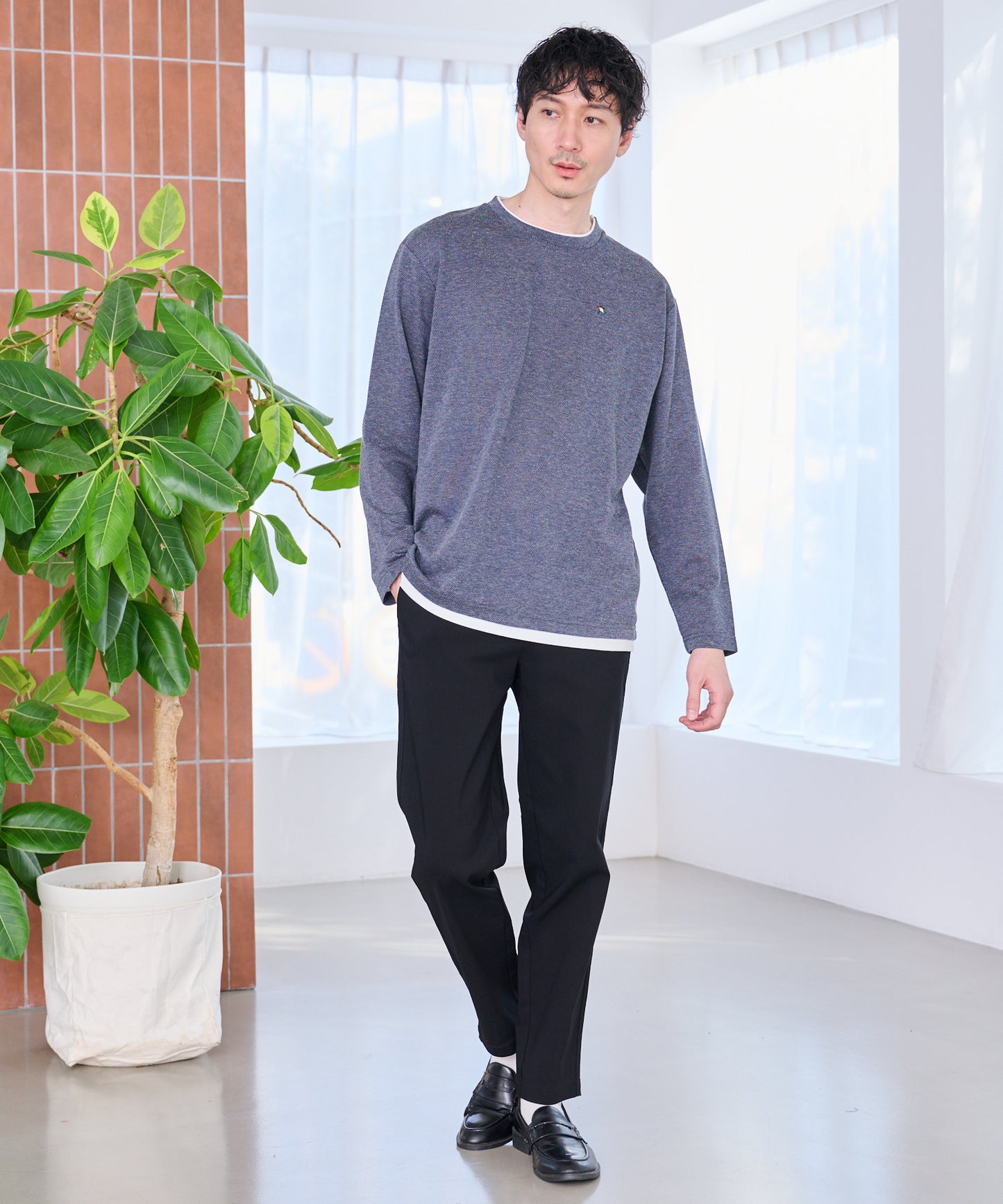 メランジ鹿の子 フェイクレイヤード ロングTシャツ
