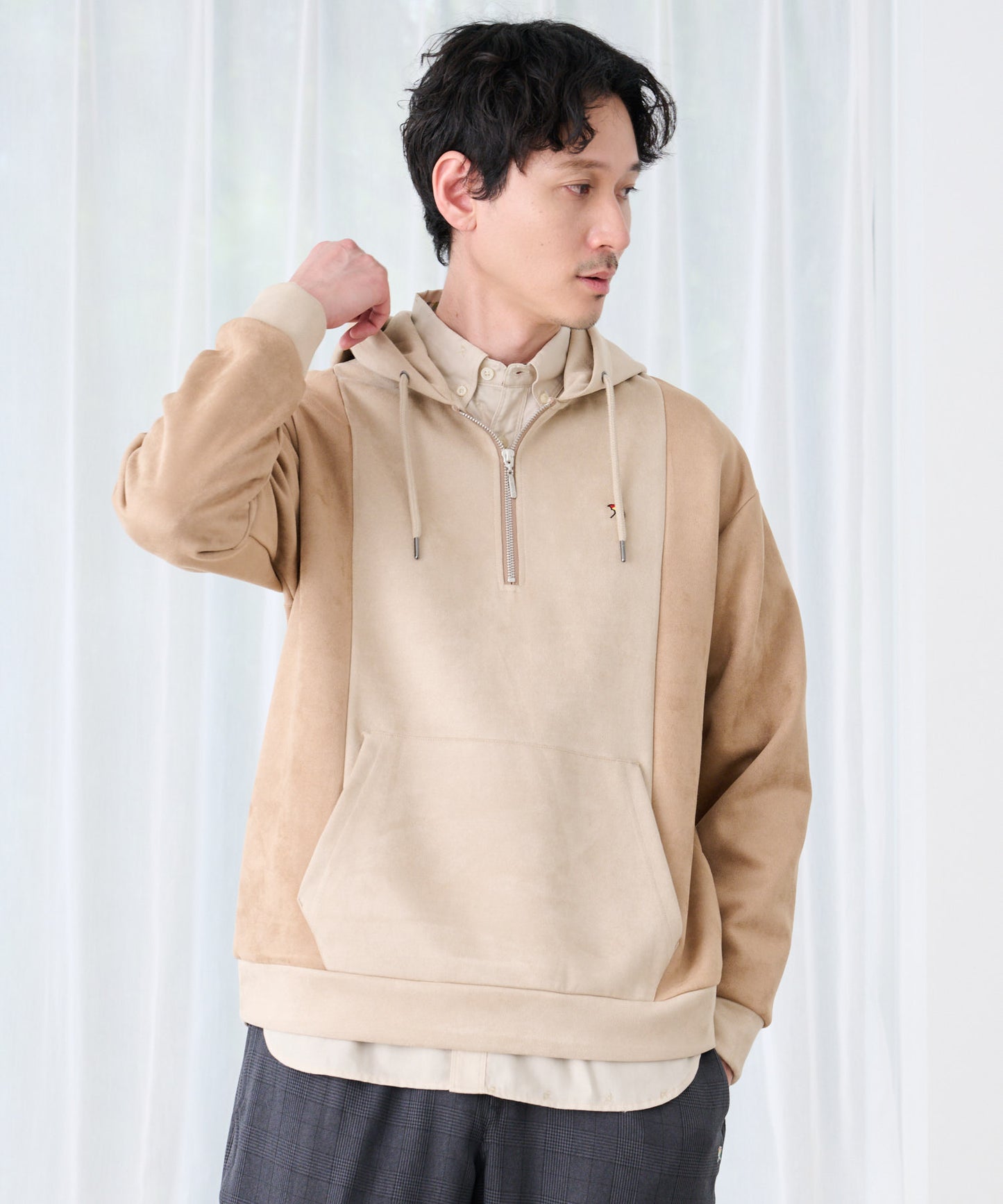 スエードダンボール ブロッキング ハーフジップコーデ