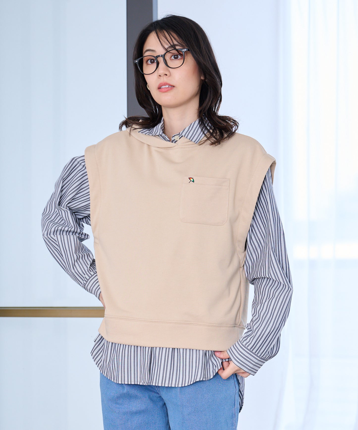 パーカーベスト + シャツ レイヤードセット