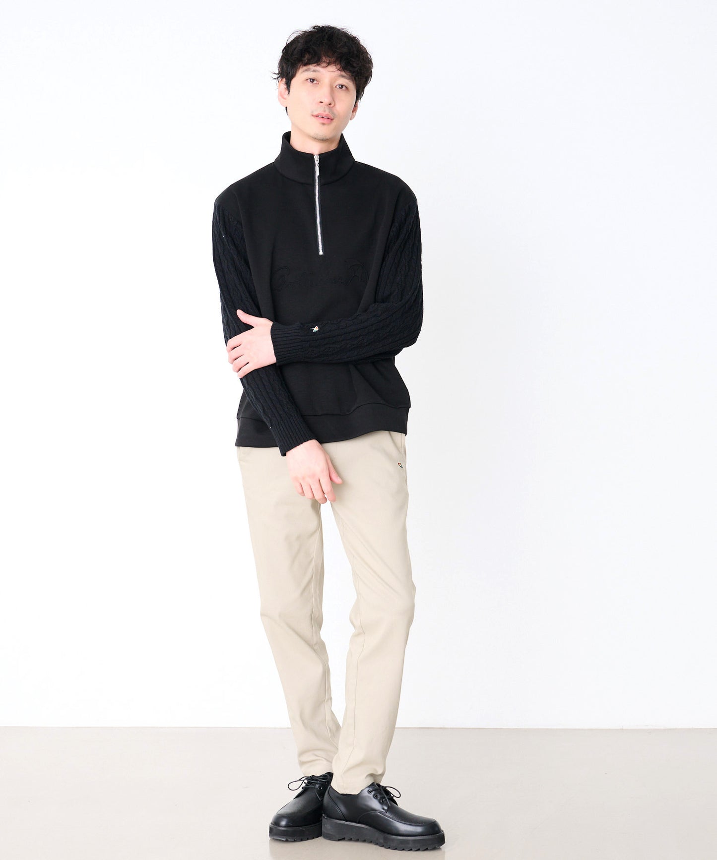 スウェット×ニット シェア ドッキングハーフジップ