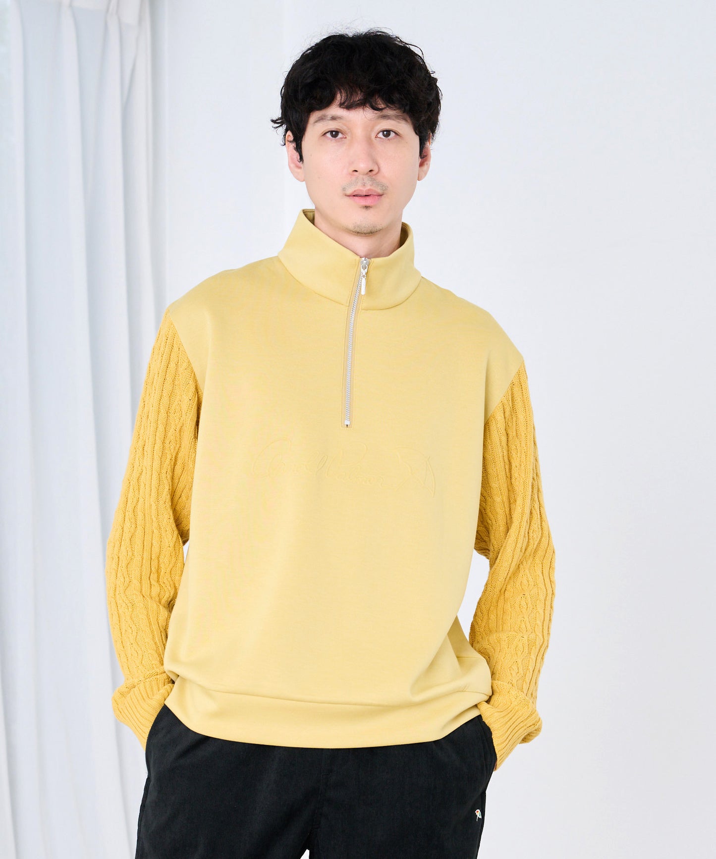 スウェット×ニット シェア ドッキングハーフジップ