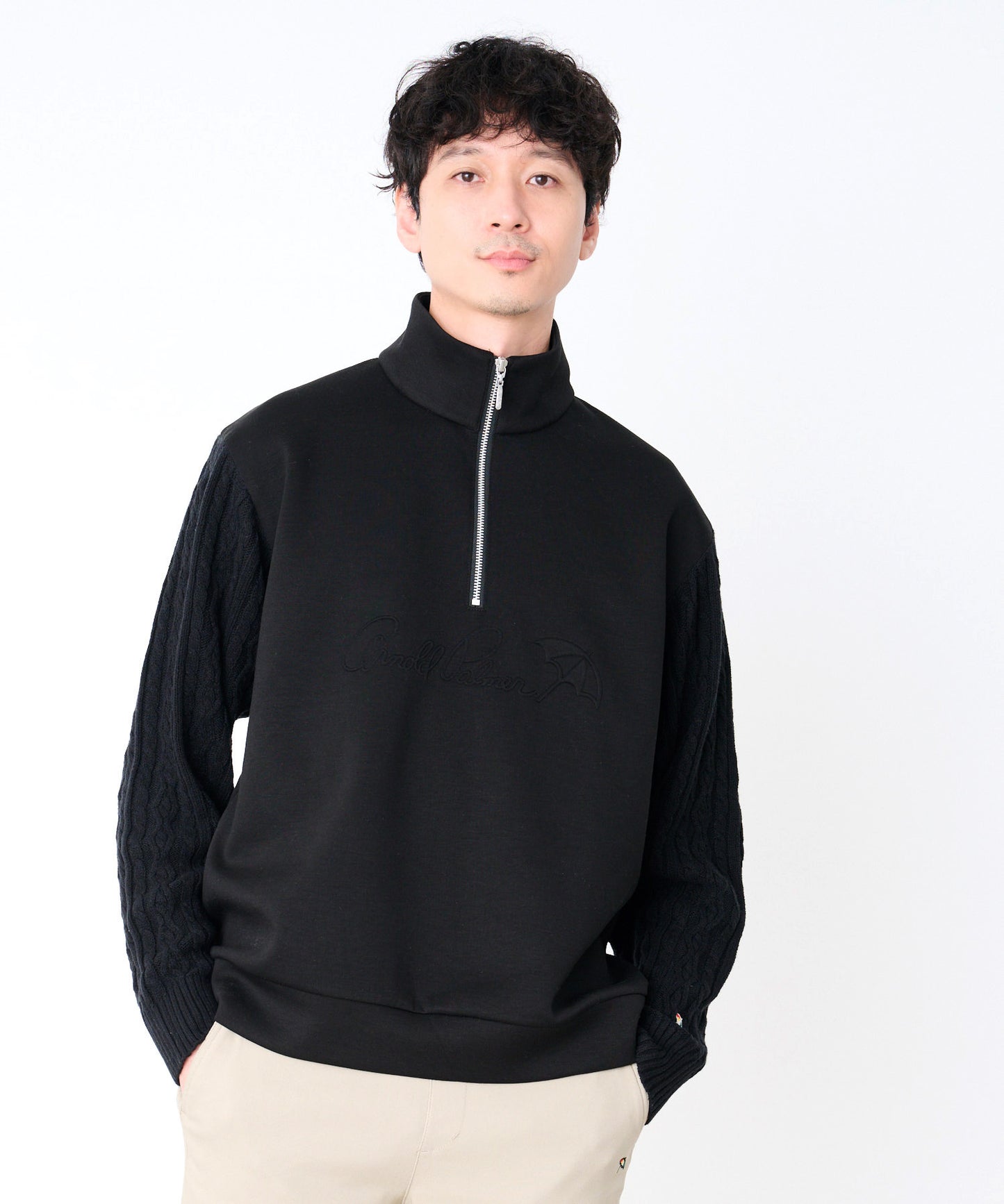 スウェット×ニット シェア ドッキングハーフジップ