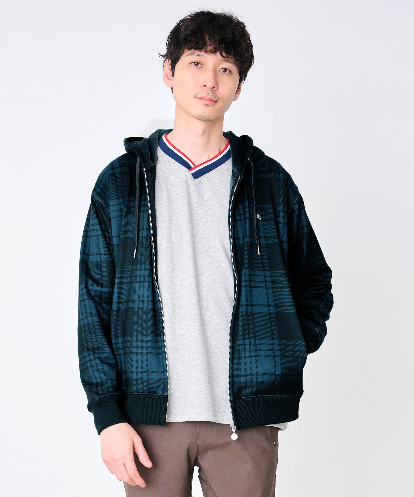 ピーチシャギー シェア チェックプリント ジップパーカー